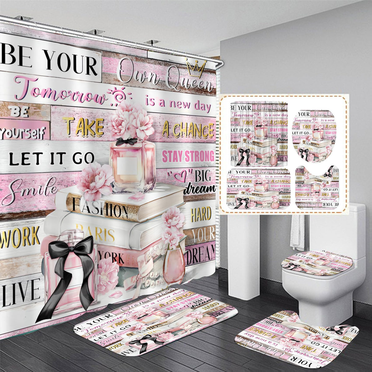 Azhm 4Pcs Shower Curtain Sets Pink Fashion Floral Bathroom Decor Set Inspirational Quotes Bathroom Curtain Shower Set With Rugs