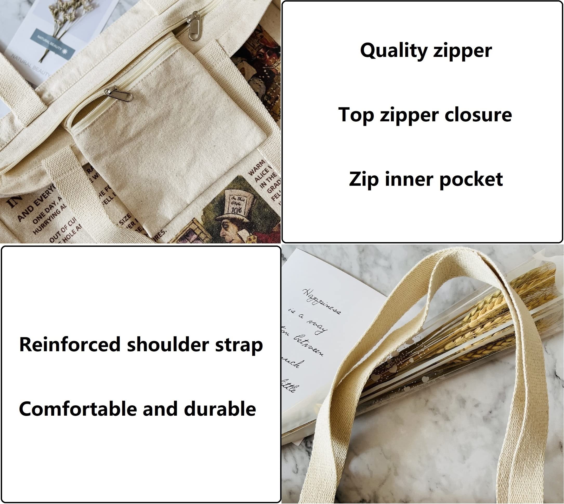 Haohakka Tote Bag Aesthetic, Canvas Graphic Trendy Cute Tote Bags With Zipper Pockets (Alice In Wonderland)