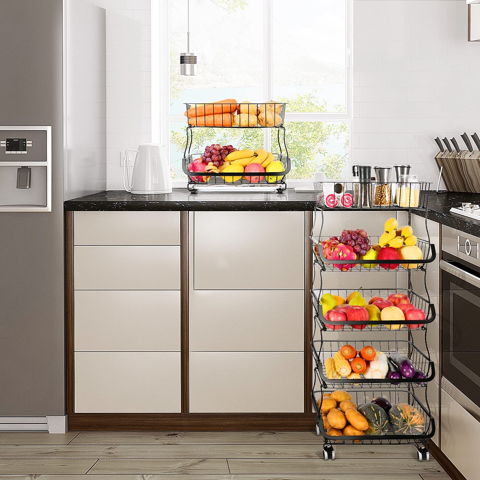 Fruit Vegetable Storage Basket  5 Tier Stackable Metal Wire Storage Baskets with Wheels  Fruit Vegetable Produce Basket Organizer Bins for Kitchen  Pantry  Bathroom