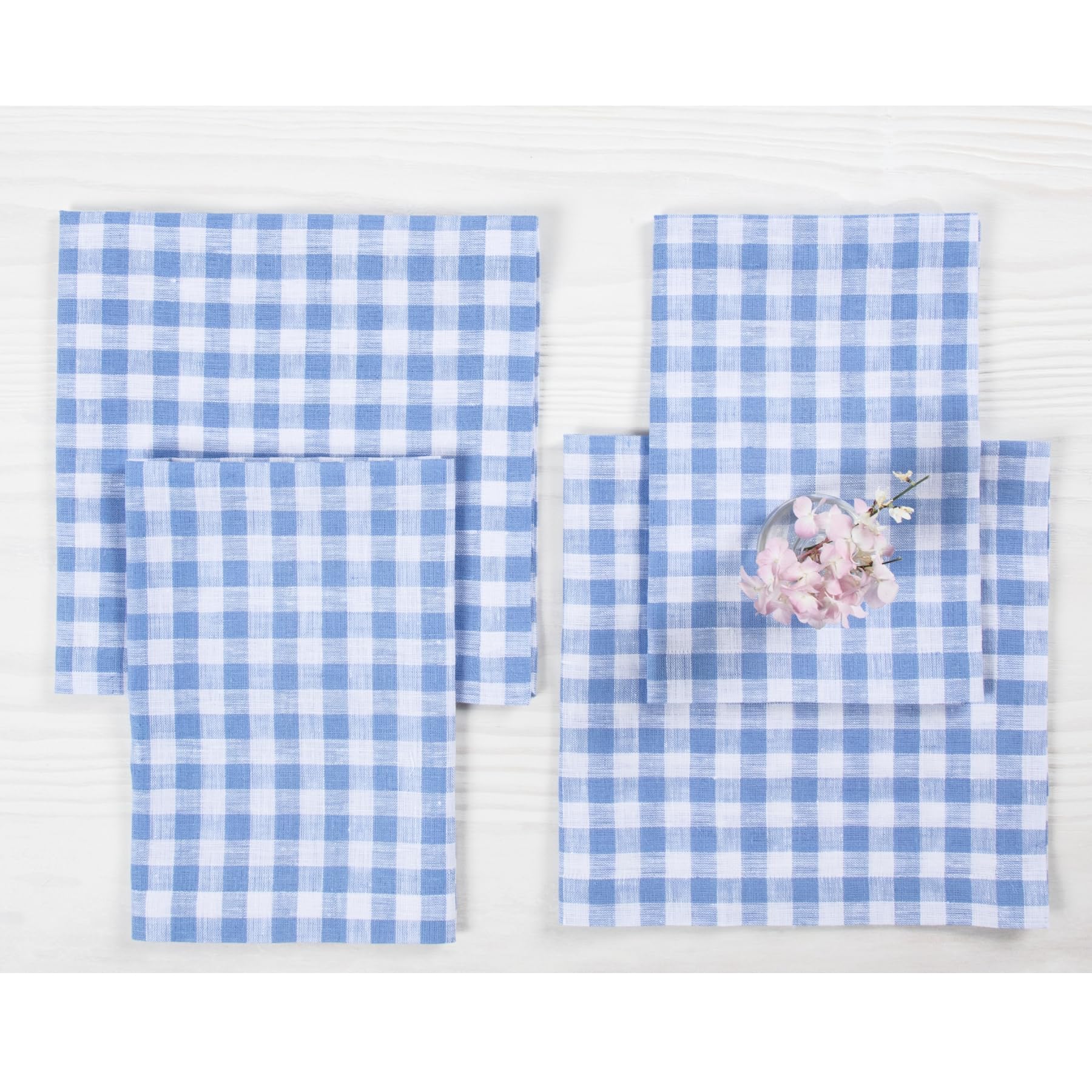 Solino Home Check Linen Dinner Napkins 20 X 20 Inch - 100% Pure Linen Hydrangea Blue Plaid Cloth Napkins Set Of 4 For Spring, Ea
