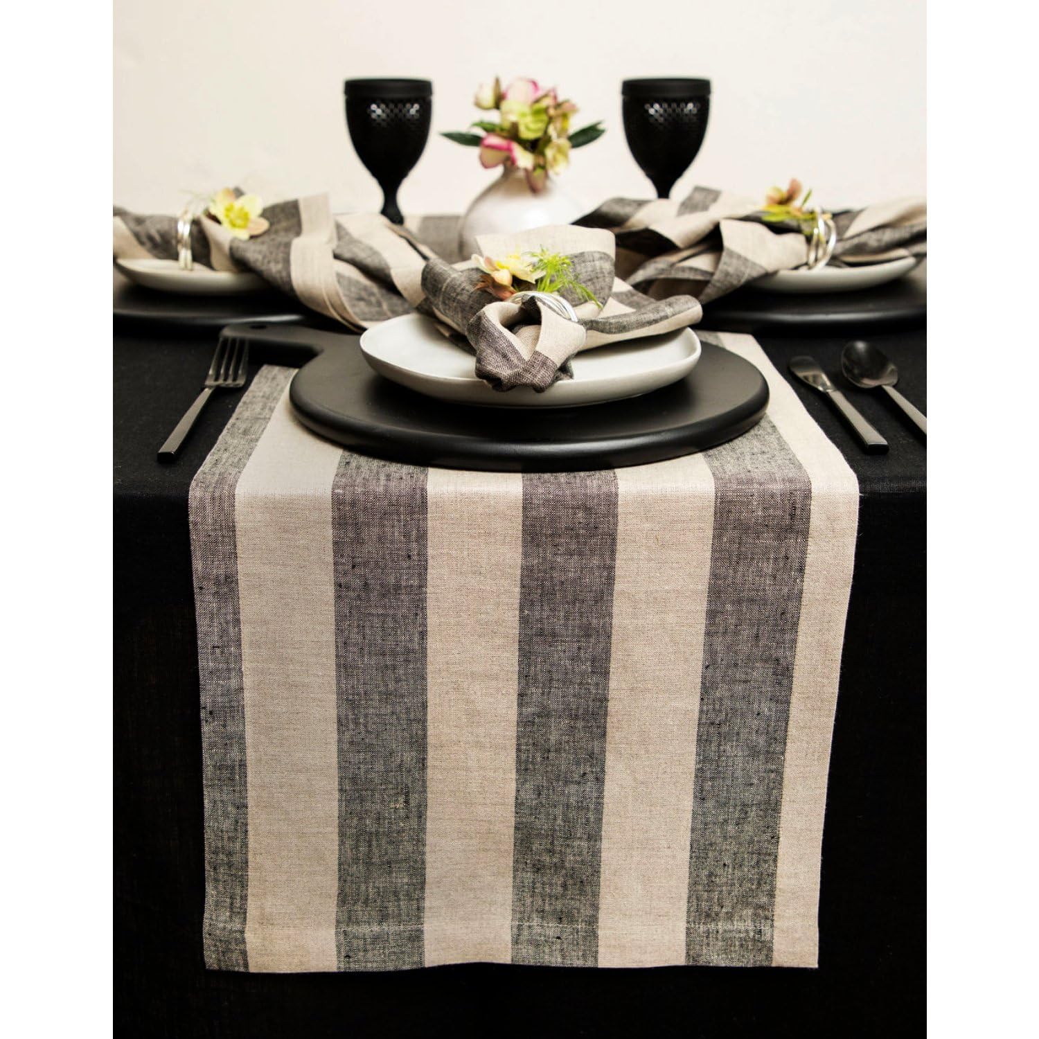 Solino Home Linen Stripe Table Runner 108 Inches Long - 100% Pure Linen Black And Natural Table Runner 14 X 108 Inch - Cabana St