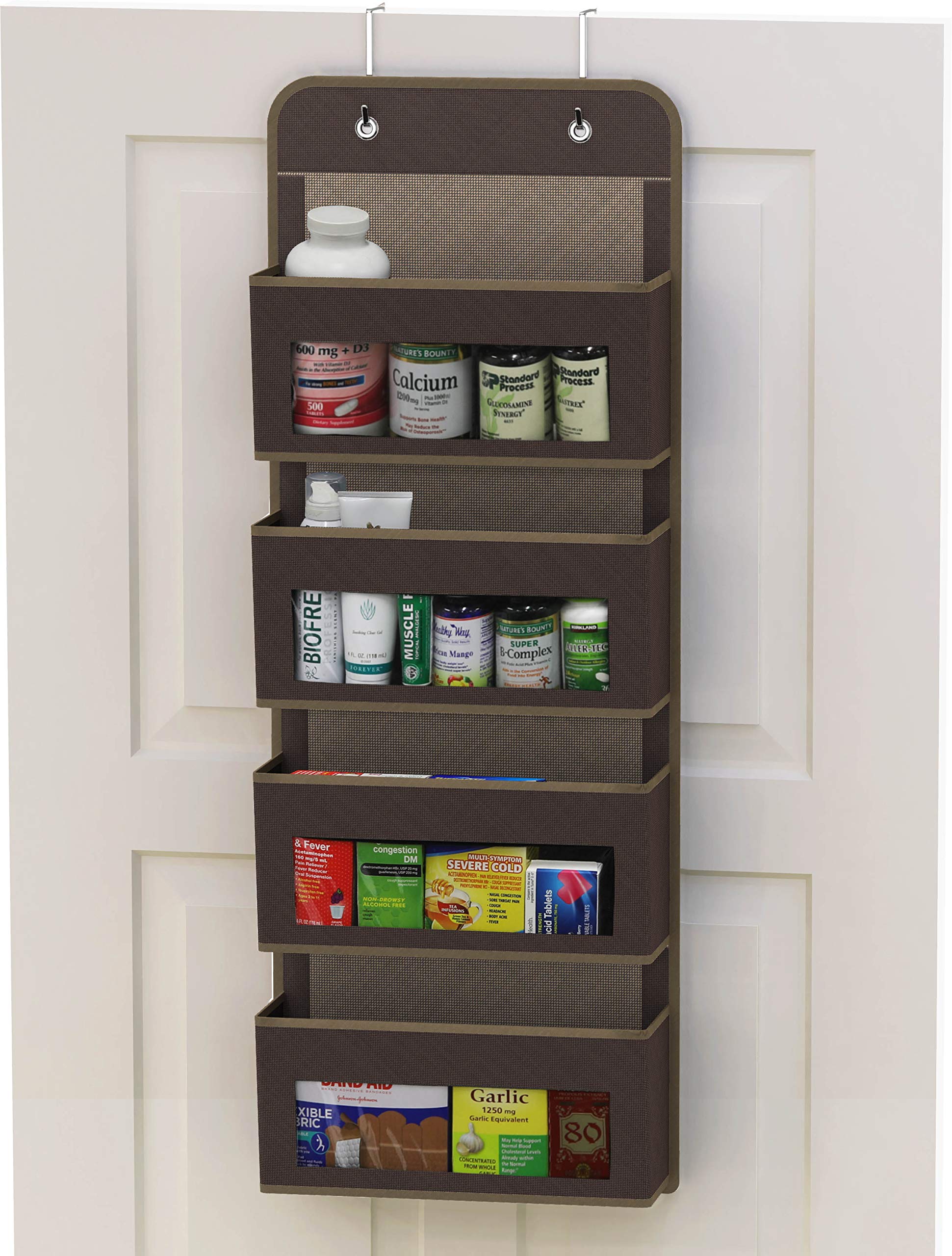 Simple Houseware Over Door/Wall Mount 4 Clear Window Pocket Organizer, Brown