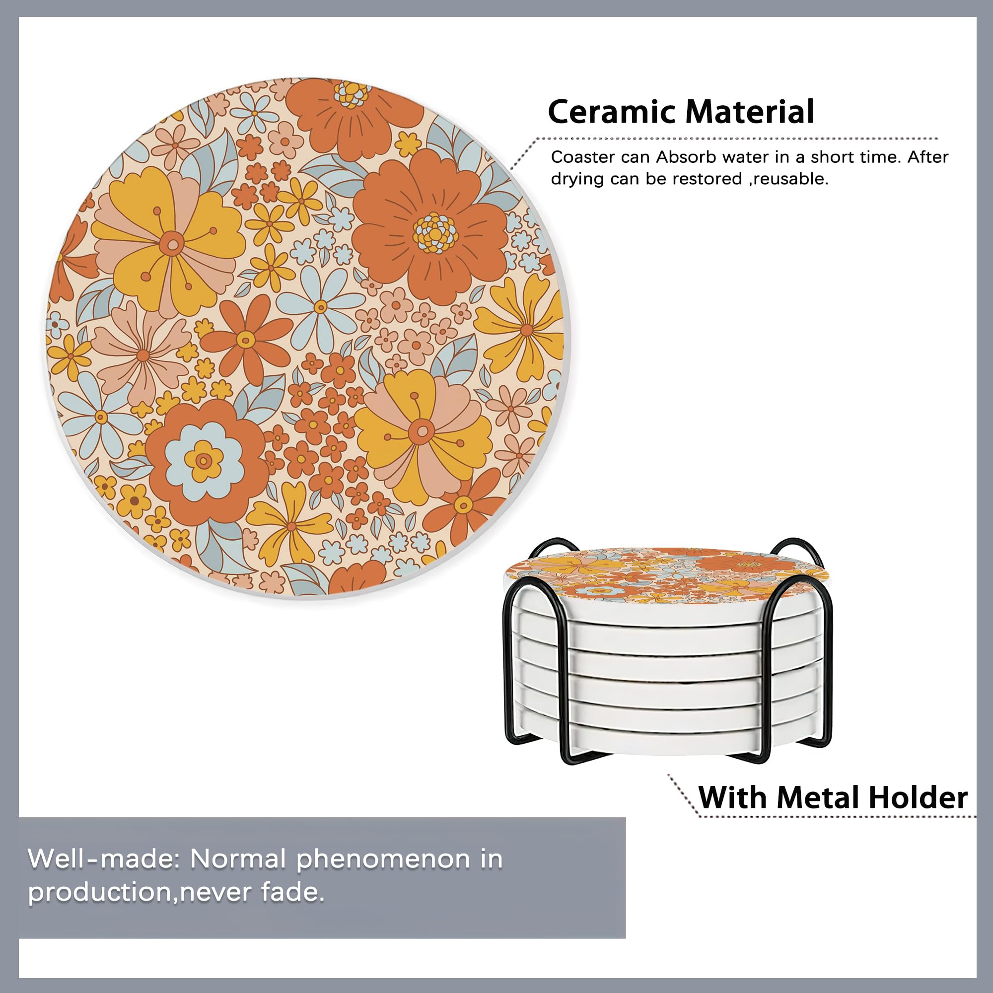 6 Pcs Coasters For Drinks With Holder,Retro 70S 60S Floral Hippie Flowers Absorbent Coaster With Cork Backing,Great Gift For Hou