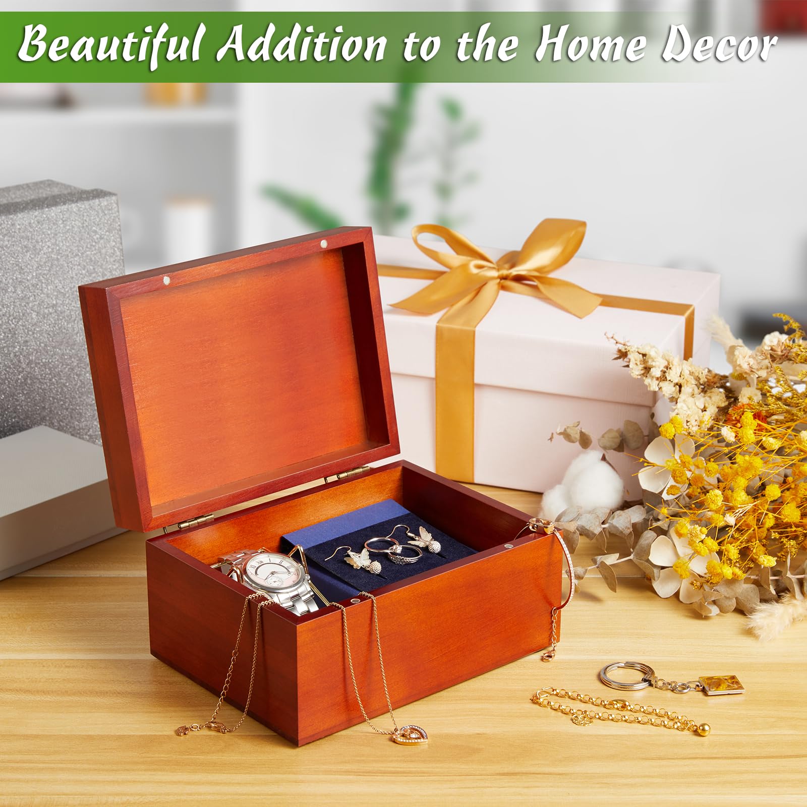 DRASTAR Large Wooden Keepsake Memory Box, Decorative Storage Box with Hinged Lid, Jewelry Gift Box with Lids, Brown