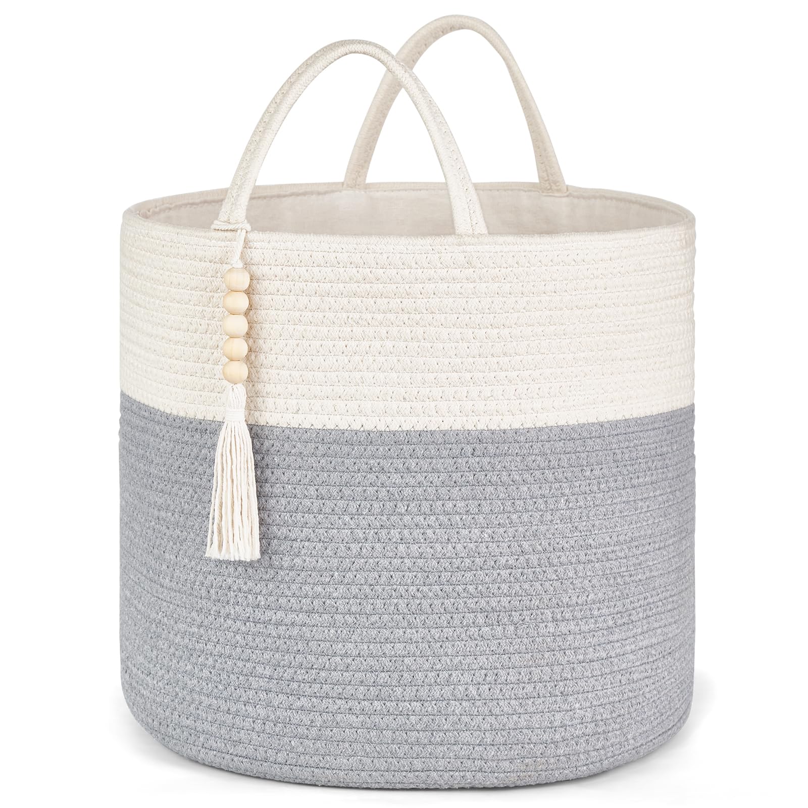 Mkono Woven Storage Basket Decorative Rope Basket Wooden Bead Decoration For Blankets,Toys,Clothes,Plantorganizer Bin With Handl