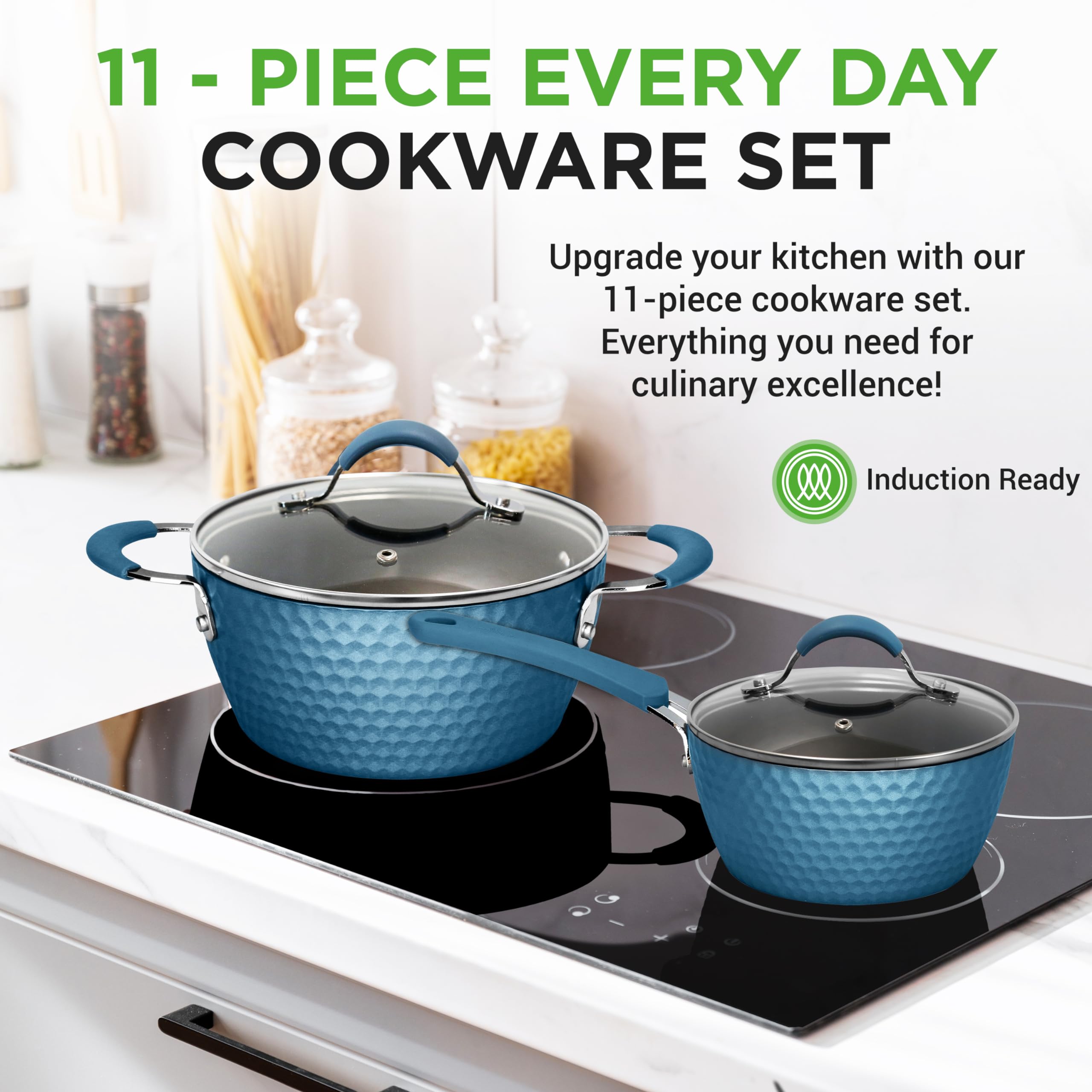 NutriChef 11 Pc Pots and Pans Set Non Stick Cookware with Ceramic Coating, Ergonomic Handles, Induction Ready, Includes Saucepan