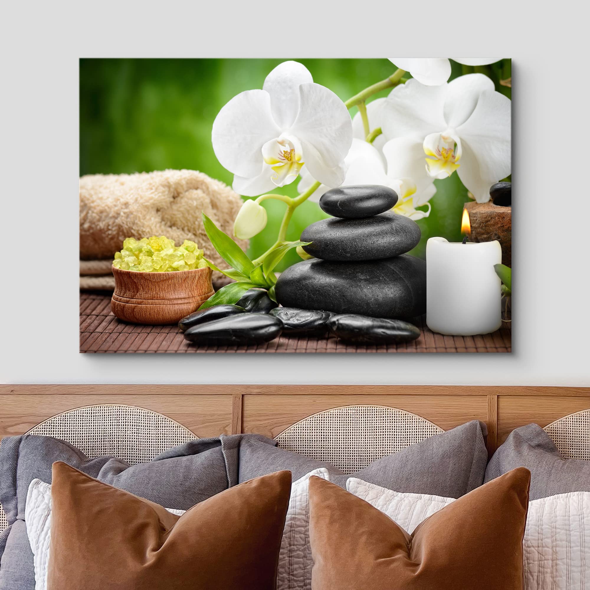 Wall26 Canvas Print Wall Art White Orchid Flowers Meditation Zen Yoga Massage Pebble Nature Wilderness Photography Realism Lands
