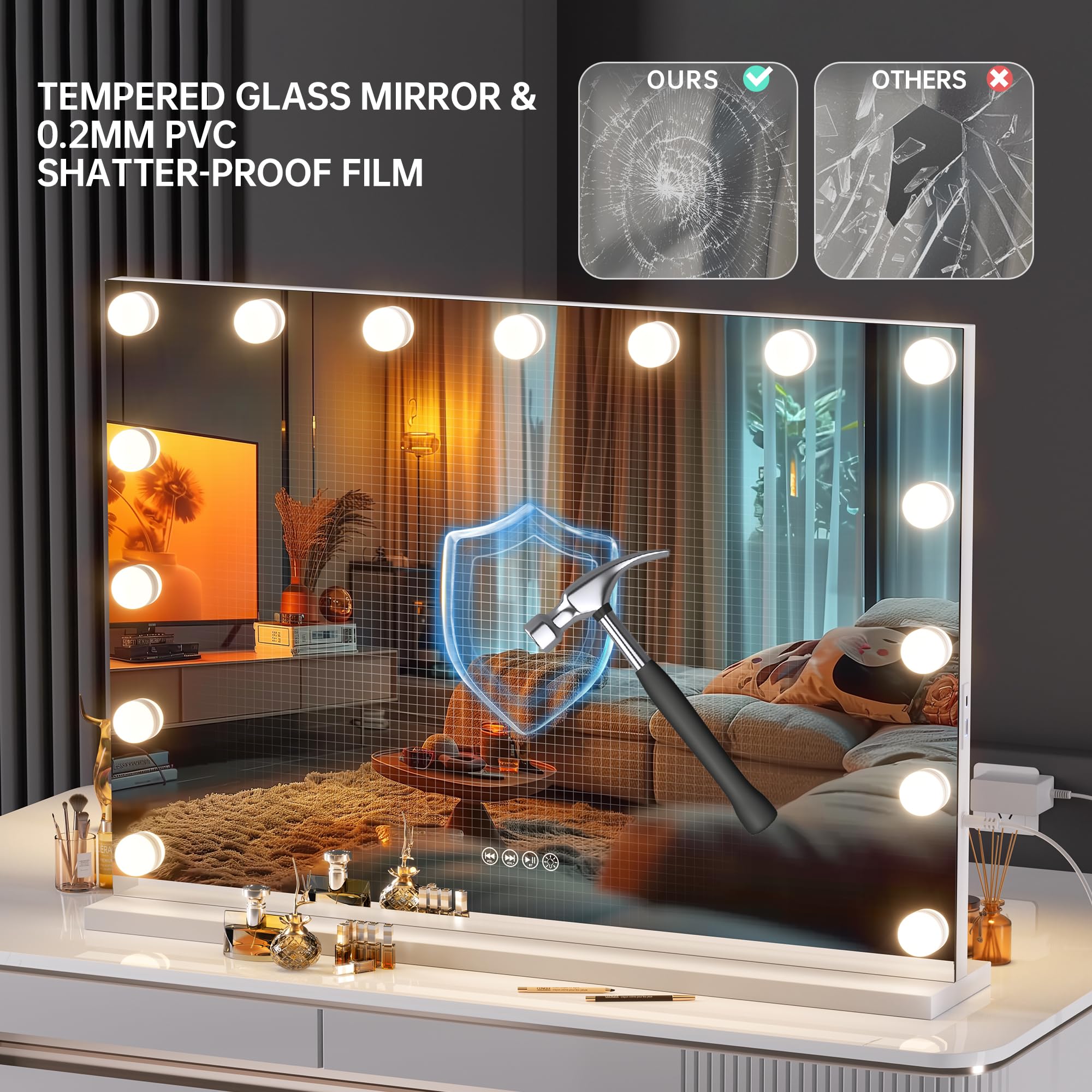 Ouboyo Vanity Mirror With Lights And Bluetooth Speaker, 32'' X 22'' Hollywood Makeup Mirror With 15 Dimmable Bulbs And 5X Magnif