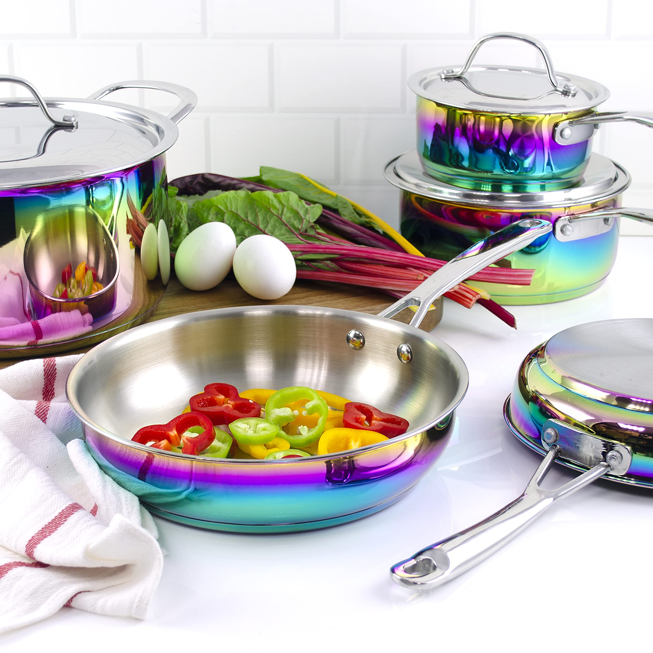 The Magical Kitchen Collection - Iridescent Rainbow Cookware Set - Premium Heavy Duty Stainless Steel and Titanium Pots & Pans S