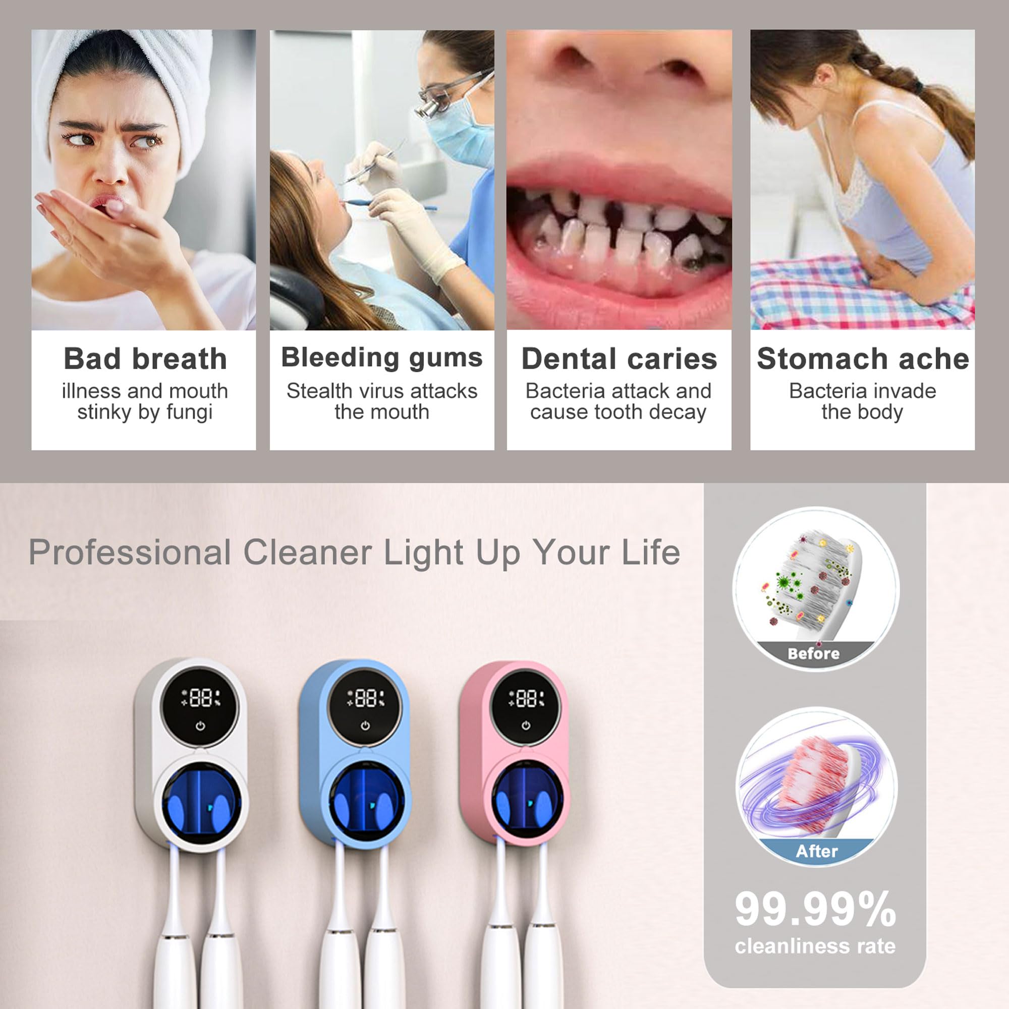 Wall Mounted Toothbrush Holder And Cleaner Smart Light Cleaning And Fan Drying Automatic Rotating Cover Toothbrush Case With Dig