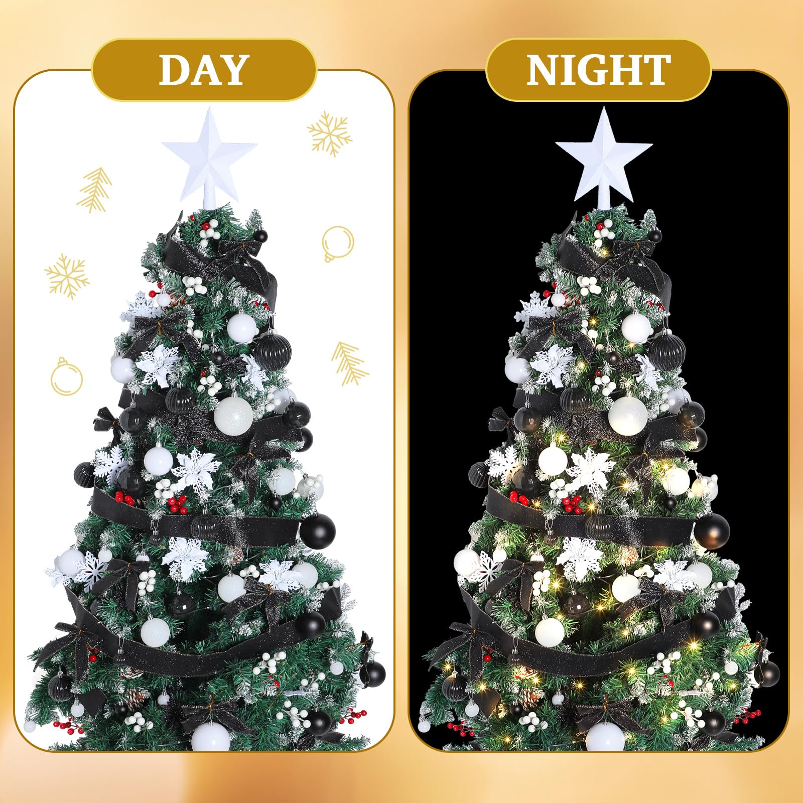 Poen 108 Pcs Christmas Tree Ornament Set Including Xmas Tree Ball Glitter Poinsettia Bows Berries Stems Leaves Snowflakes Ribbon