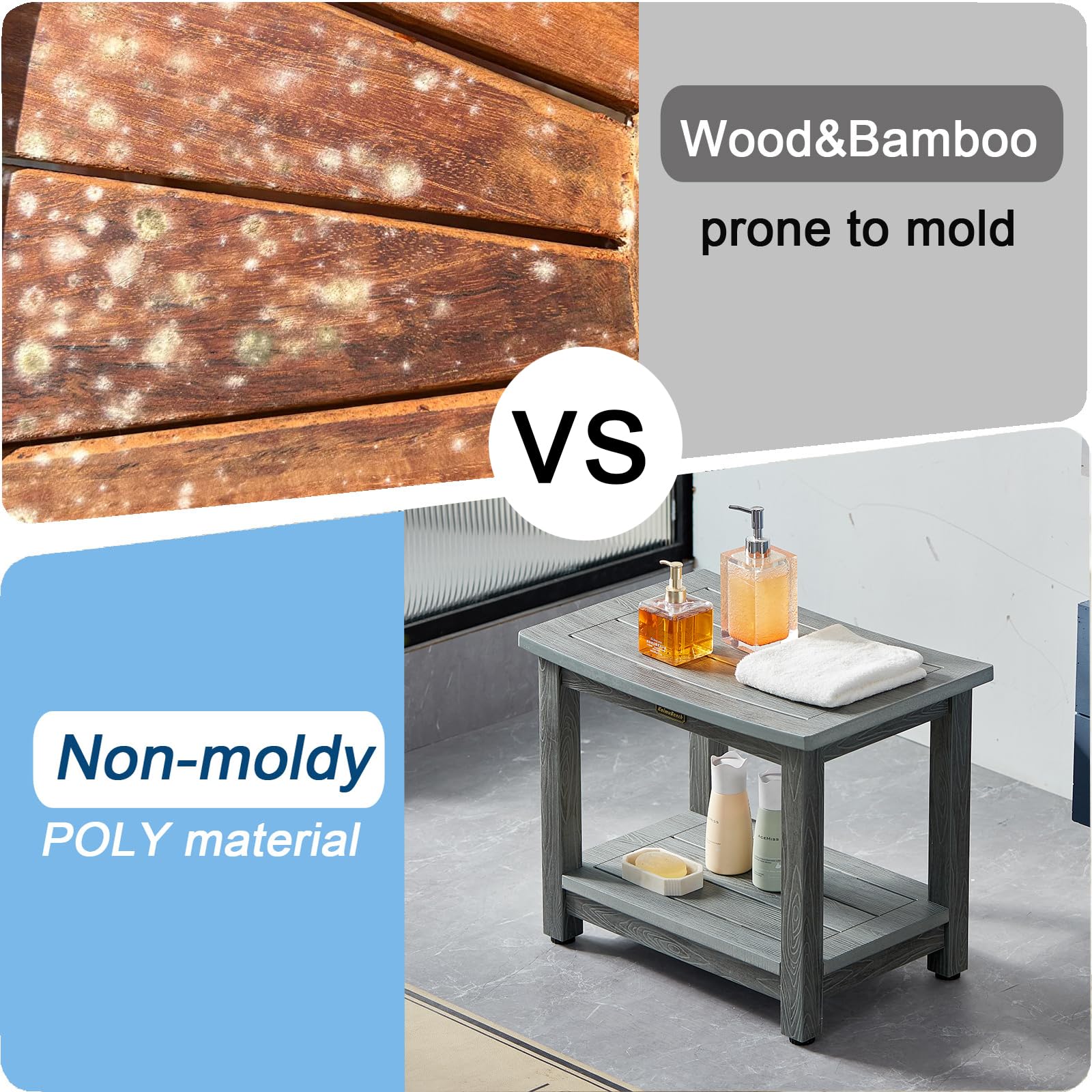 Heavy Duty Shower Bench For Inside Shower Waterproof, Large Hdps Shower Stool For Shaving Legs, Gray Poly Lumber Shower Foot Sto