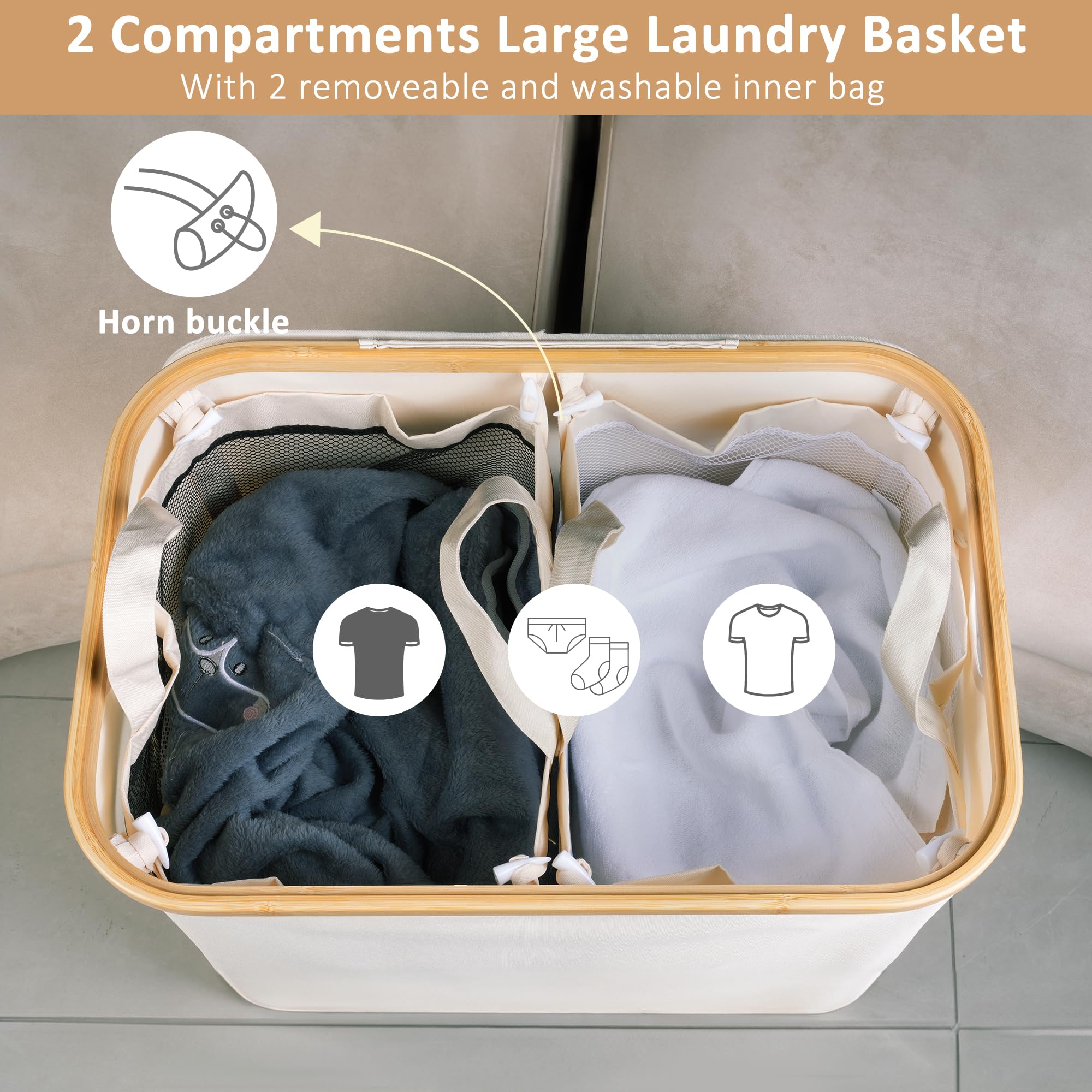 iEGrow 150L Laundry Basket with Lid  Large Laundry Hamper with Bamboo Handle  Collapsible Dirty Clothes Hamper Organizer with Removable Inner Bag for Clothes Toys Towels - Beige