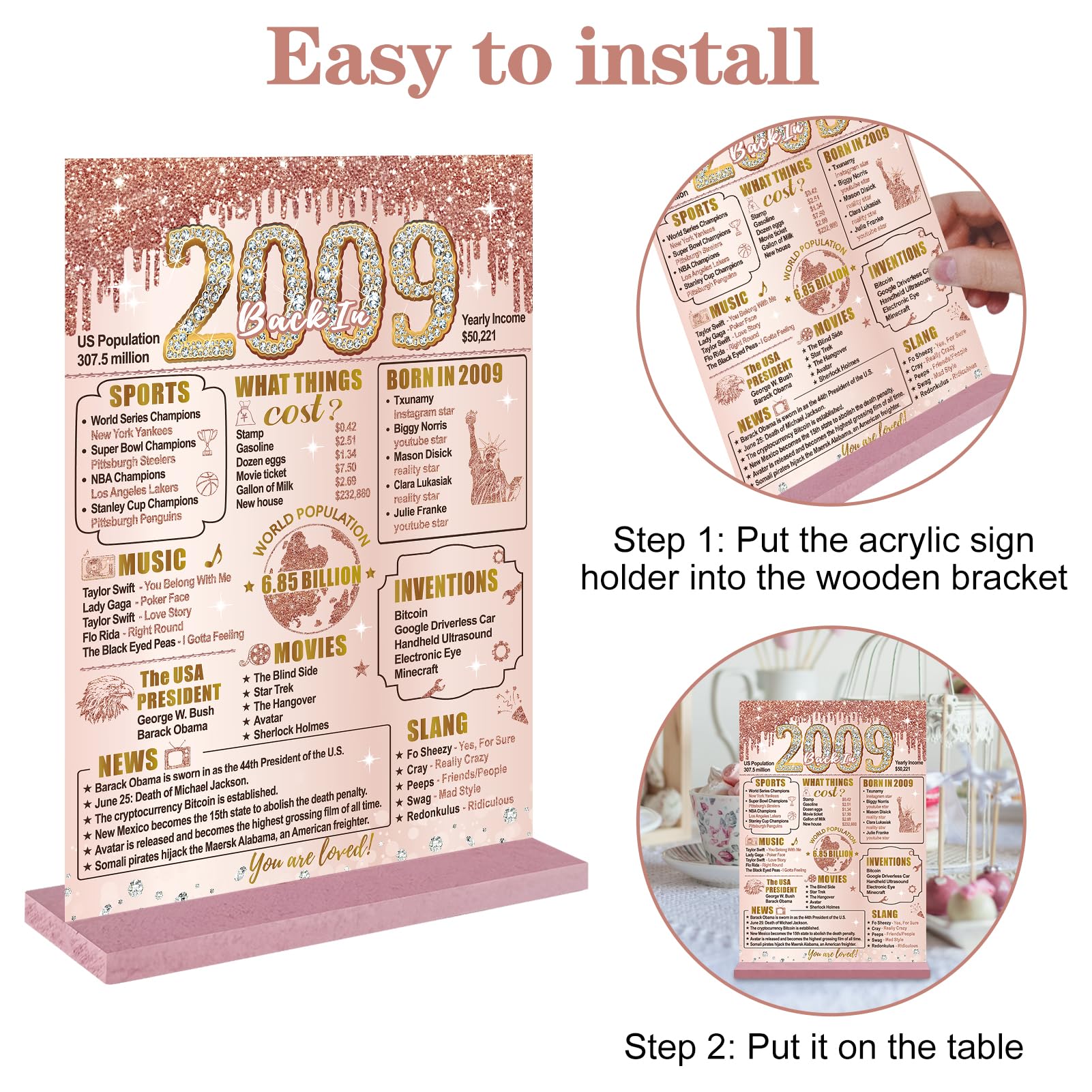 Bumqviy 15Th Birthday Decorations Back In 2009 Table Sign For Girls Women, Pink Rose Gold Happy 15Th Birthday Two-Sided Wooden P