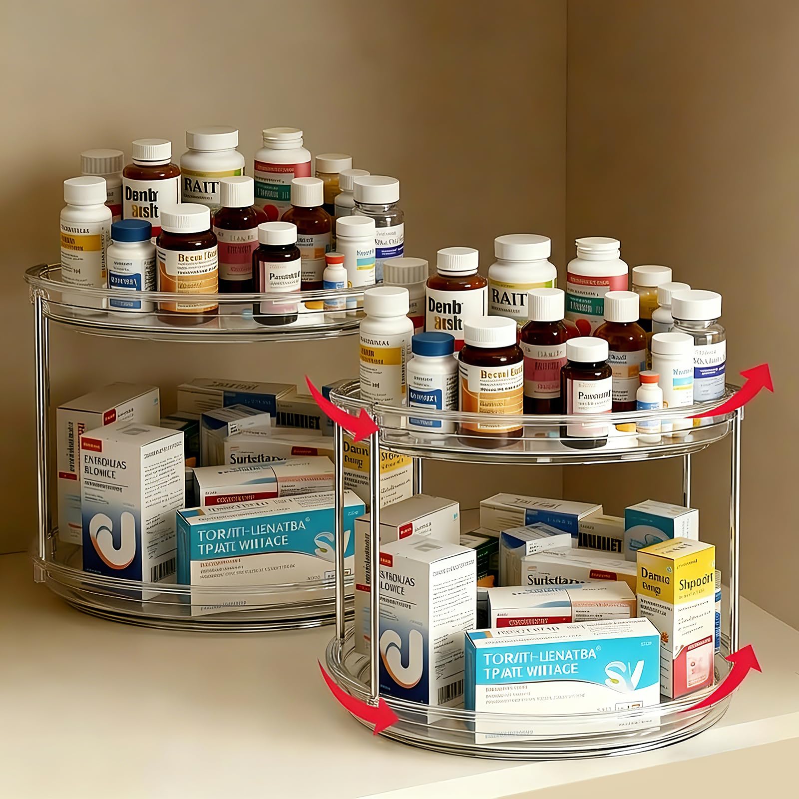 2 Pack Medicine Cabinet Organizer, Rotary Turntable Organizer for Medicine and Vitamin Bottles, Under Sink Organizer for Medicin