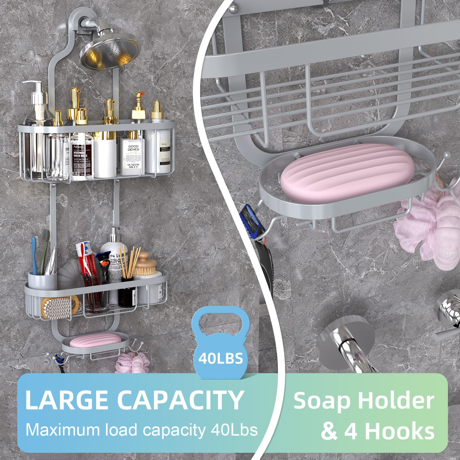 Kadolina Bathroom Hanging Shower Organizer, Over Head Shower Caddy Shower Storage Rack Basket With Hooks For Razor And Sponge Ru