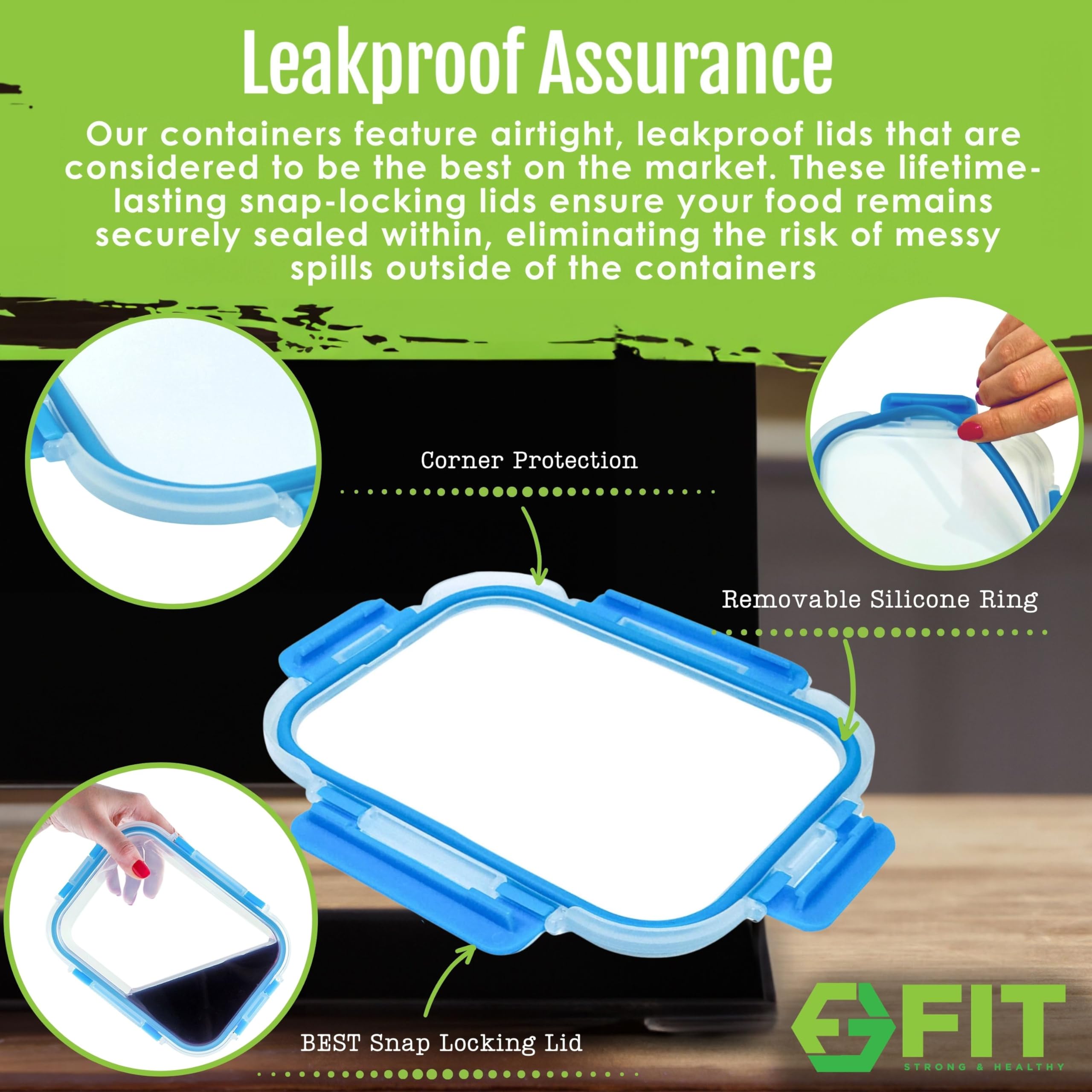 Fit Strong & Healthy Glass Meal Prep Containers 3 Compartments - Portion Control, Snack & Lunch Container, Food Storage, Airtigh