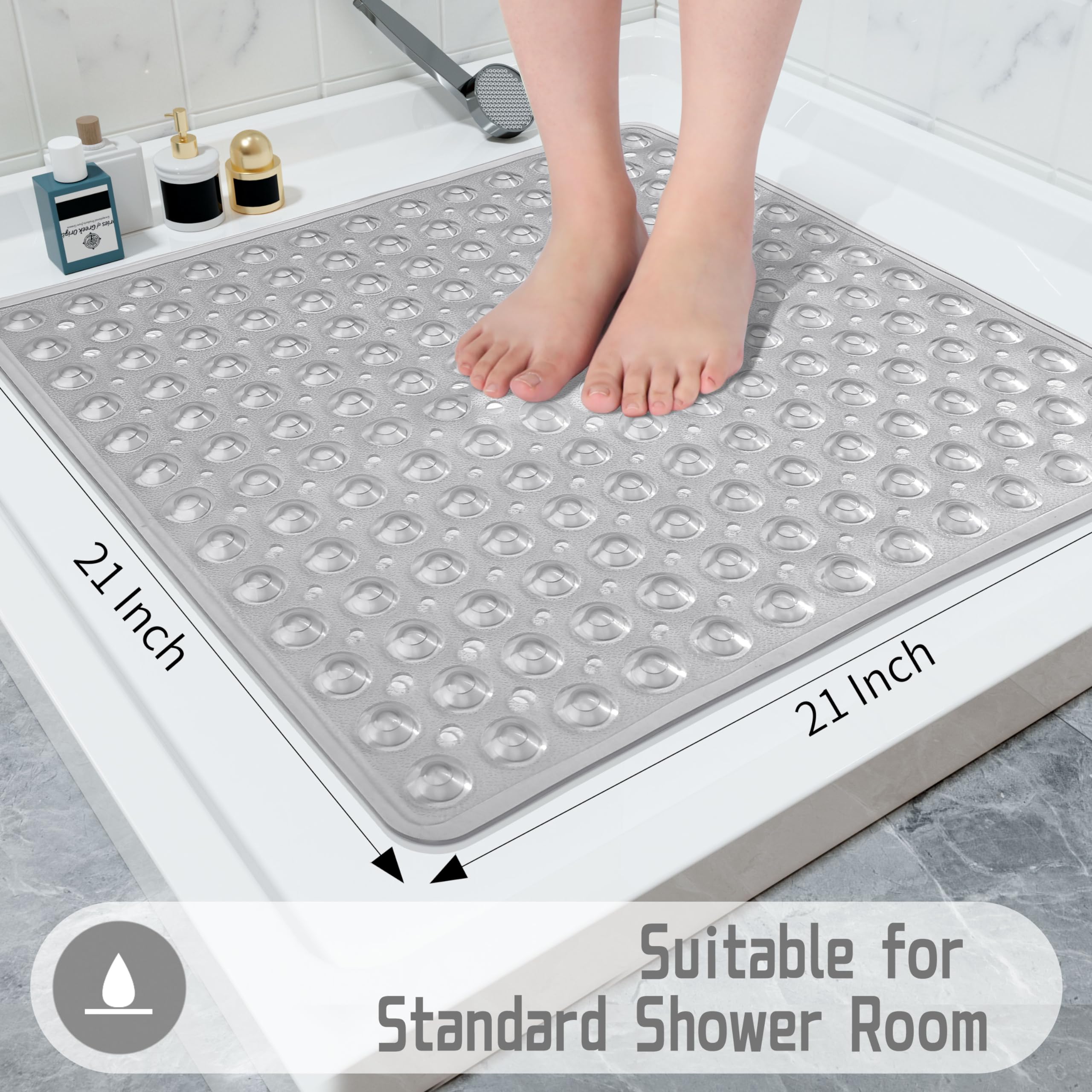Yimobra Shower Bathtub Mat Non Slip  21x21 Inch  Soft Square Bath for Tub with Suction Cups and Drain Holes  Stall Floor Mats Bathroom  Machine Washable  Bathroom Accessories  Clear Gray
