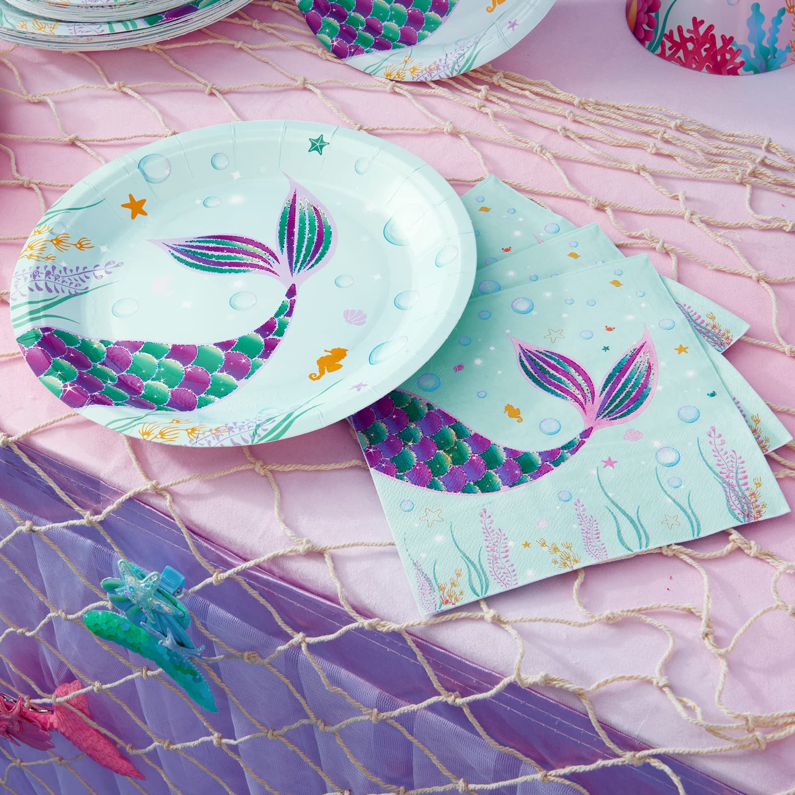 Wernnsai Mermaid Plates And Napkins Set - Serves 48 Guests Mermaid Party Supplies Disposable Paper Dinner Tableware For Birthday