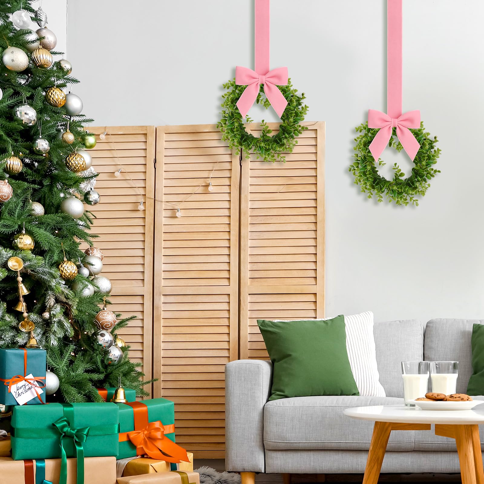 WILLBOND 2 Pcs Christmas Kitchen Cabinet Wreath Boxwood Garland with Ribbon Greenery Garland Hanging Wreaths for Cabinet Wall Wi