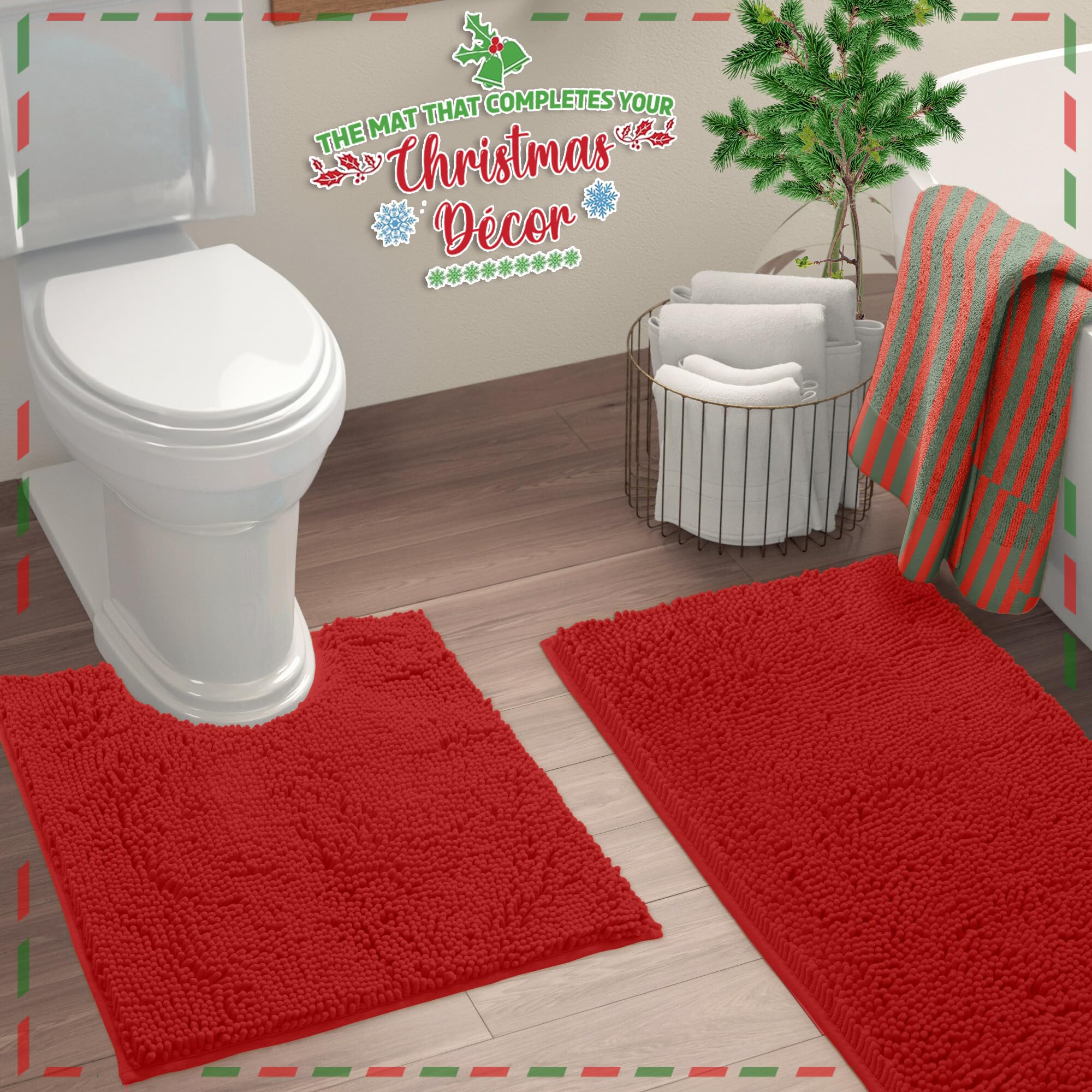 Red Christmas Decor Bathroom Rugs Sets 2 Piece, Luxury Chenille Bath Mat Runner Set, Soft Plush Anti-Slip Bath Rug + U-Shaped To