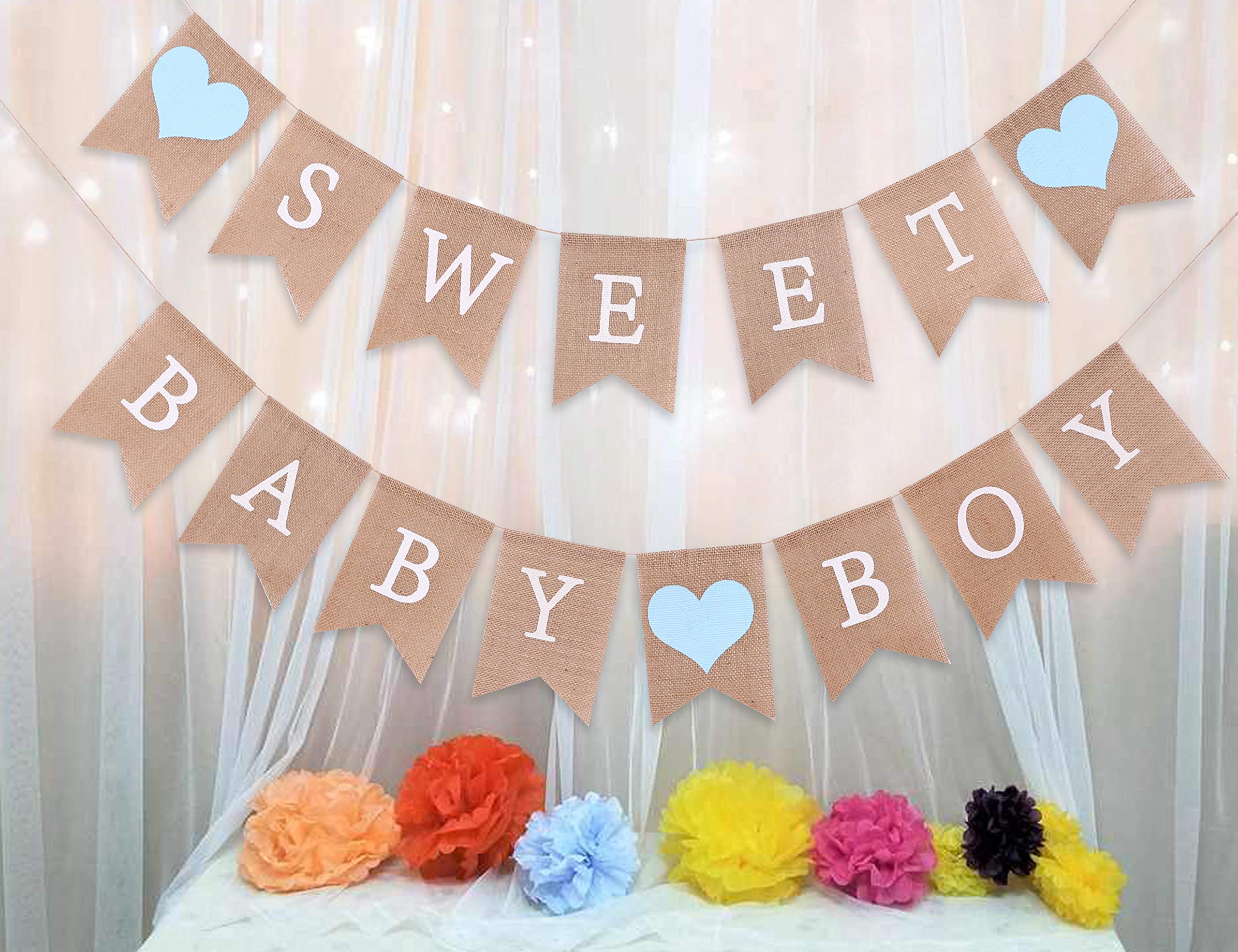 Sweet Baby Boy Burlap Banner - Rustic Baby Shower Decorations, Photo Props (Sweet Baby Boy Blue)