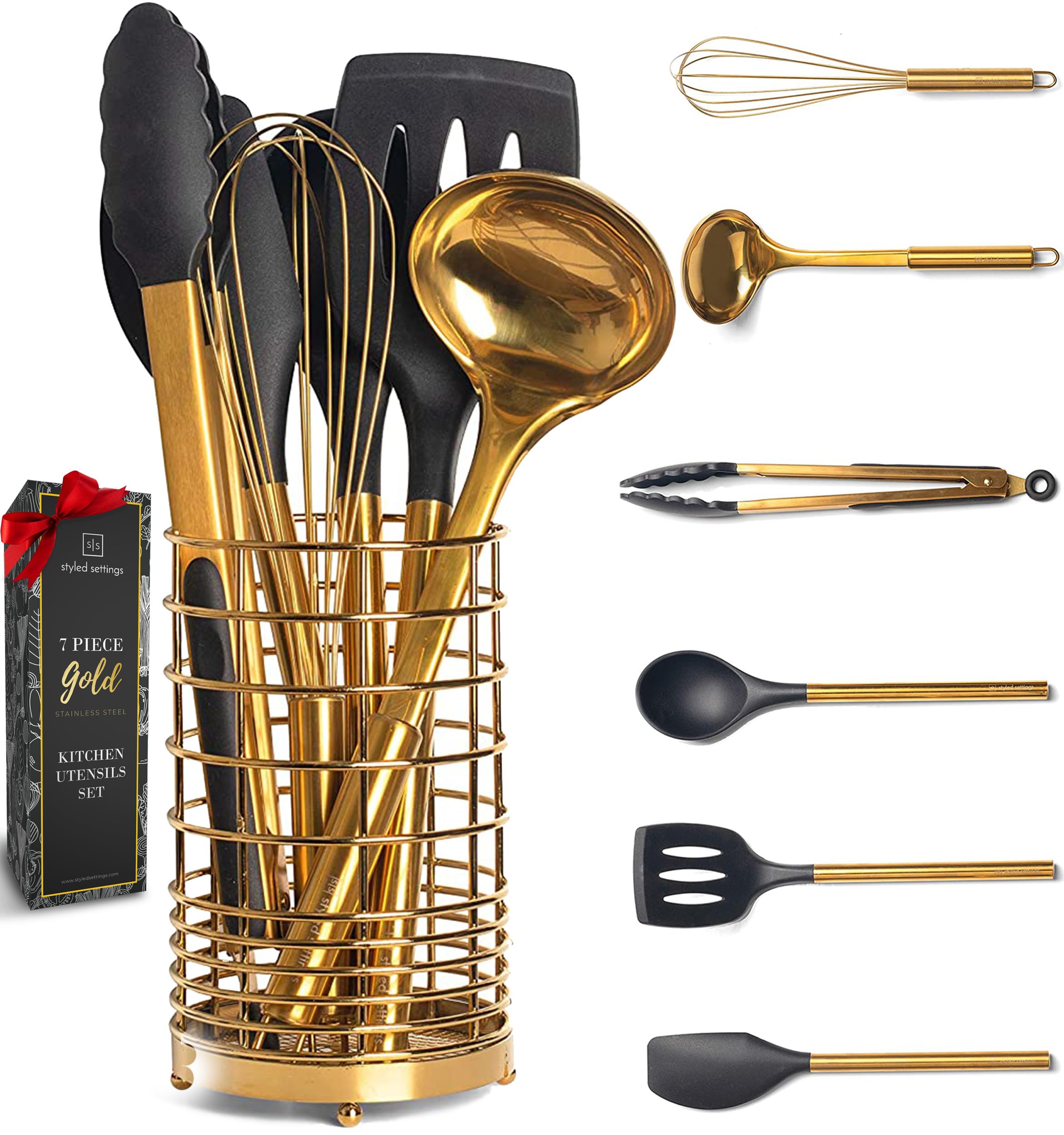 Black And Gold Kitchen Utensils Set - 7-Piece Silicone Cooking Tools With Gold Utensil Holder For Nonstick Cookware And Modern K