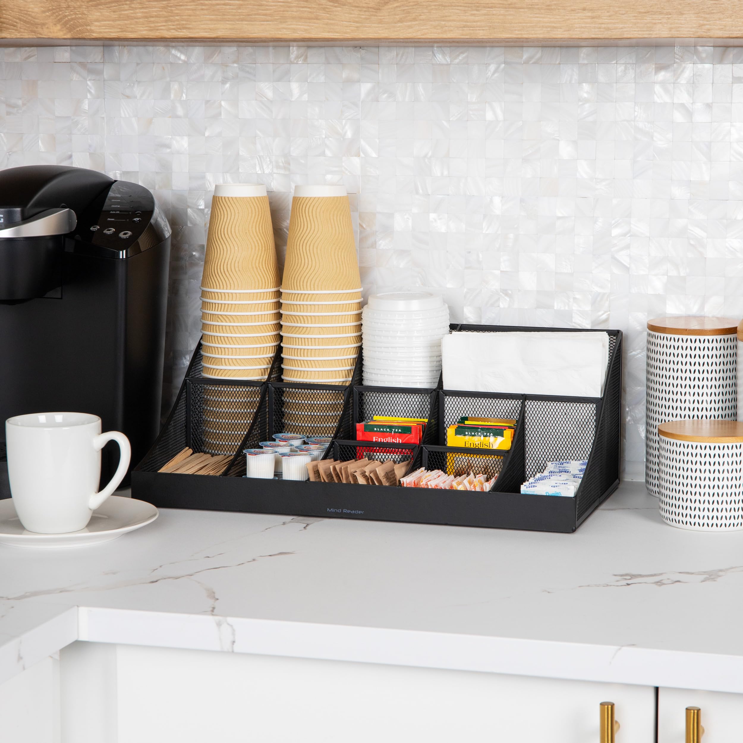 Mind Reader Cup And Condiment Station, Countertop Org, Coffee Bar, Kitchen, Metal Mesh, 17.875''L X 9.5''W X 6.625''H, Black