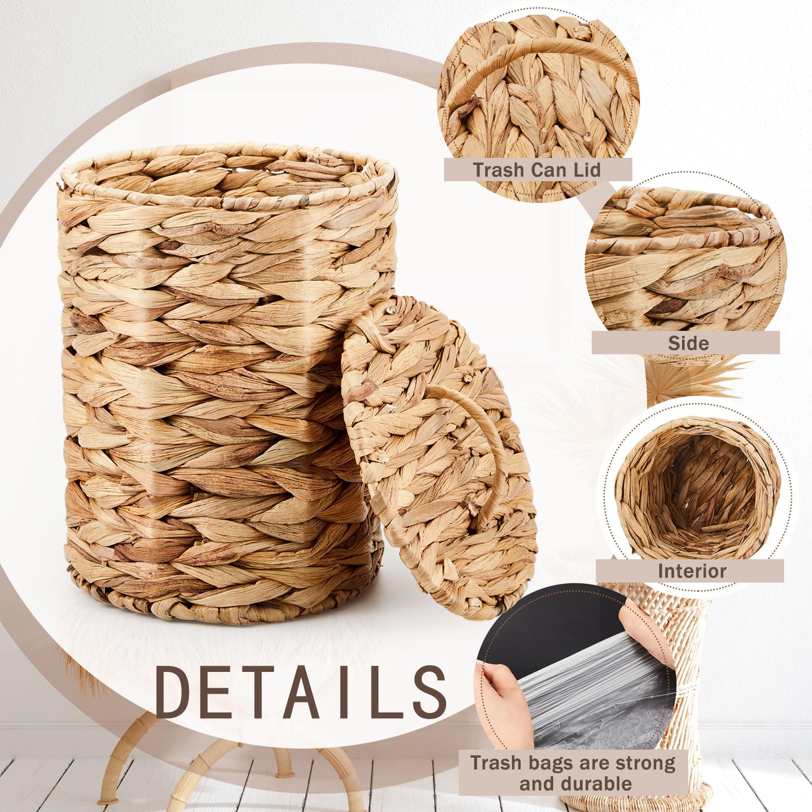 Ctosree 2 Pcs Wicker Trash Can Basket Woven Waste Basket With Lid Bathroom Wastebasket Garbage Bin With 100 Pieces Of Trash Bags
