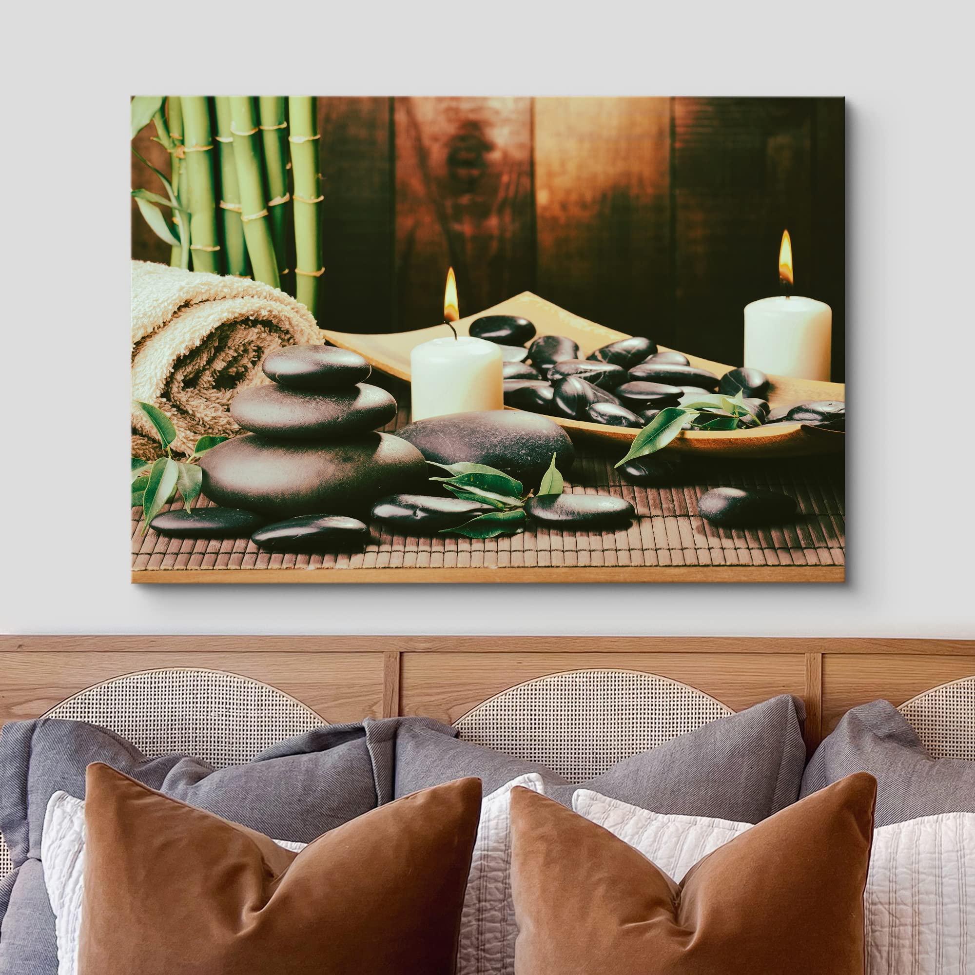 Wall26 Canvas Print Wall Art Meditation Yoga Towel Bamboo Massage Stones Nature Wilderness Photography Realism Rustic Landscape