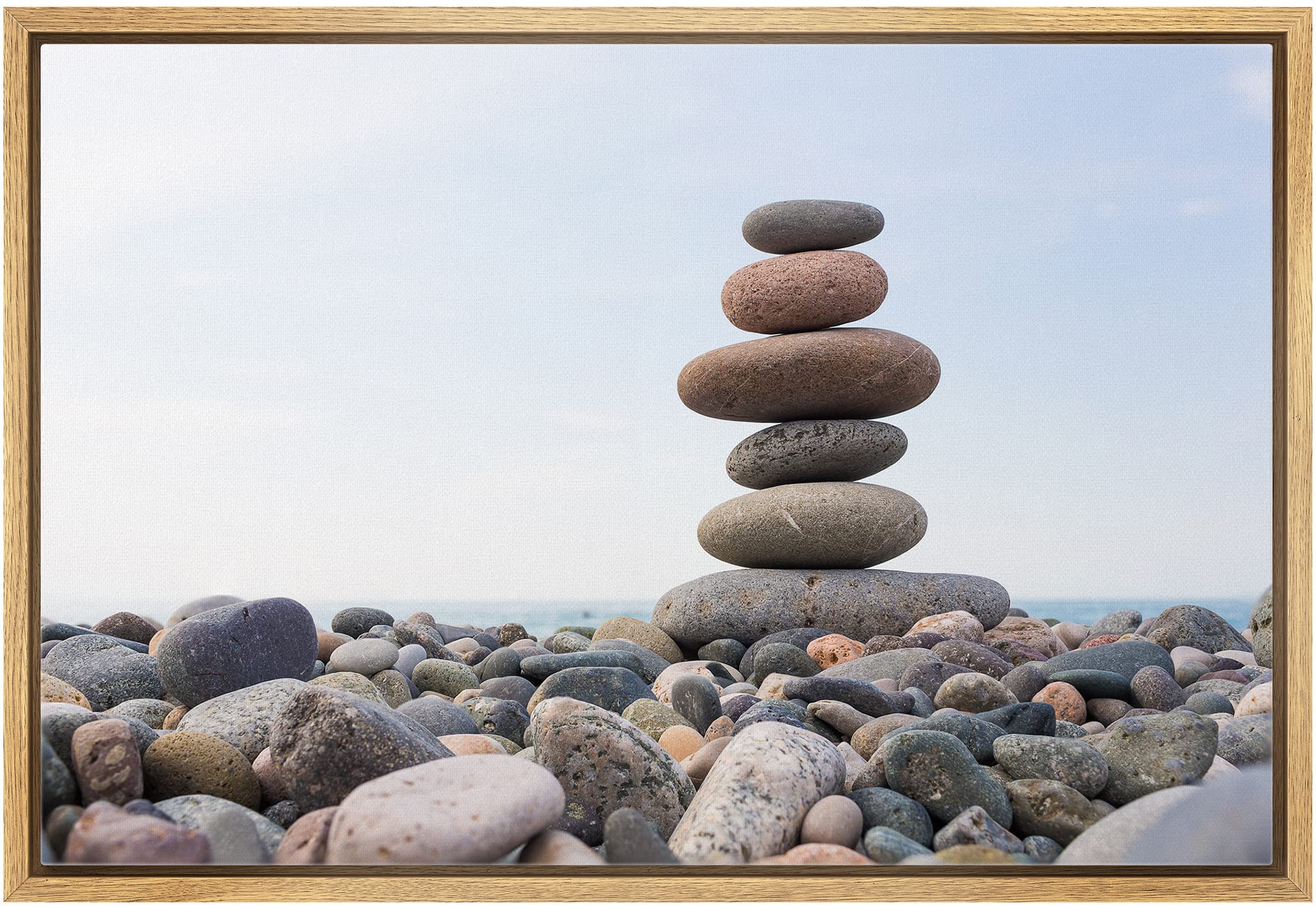 Wall26 - Framed Canvas Prints Wall Art - Zen Stones Balance, Pebbles Stack Over Blue Sea | Modern Wall Decor/Home Decoration Str