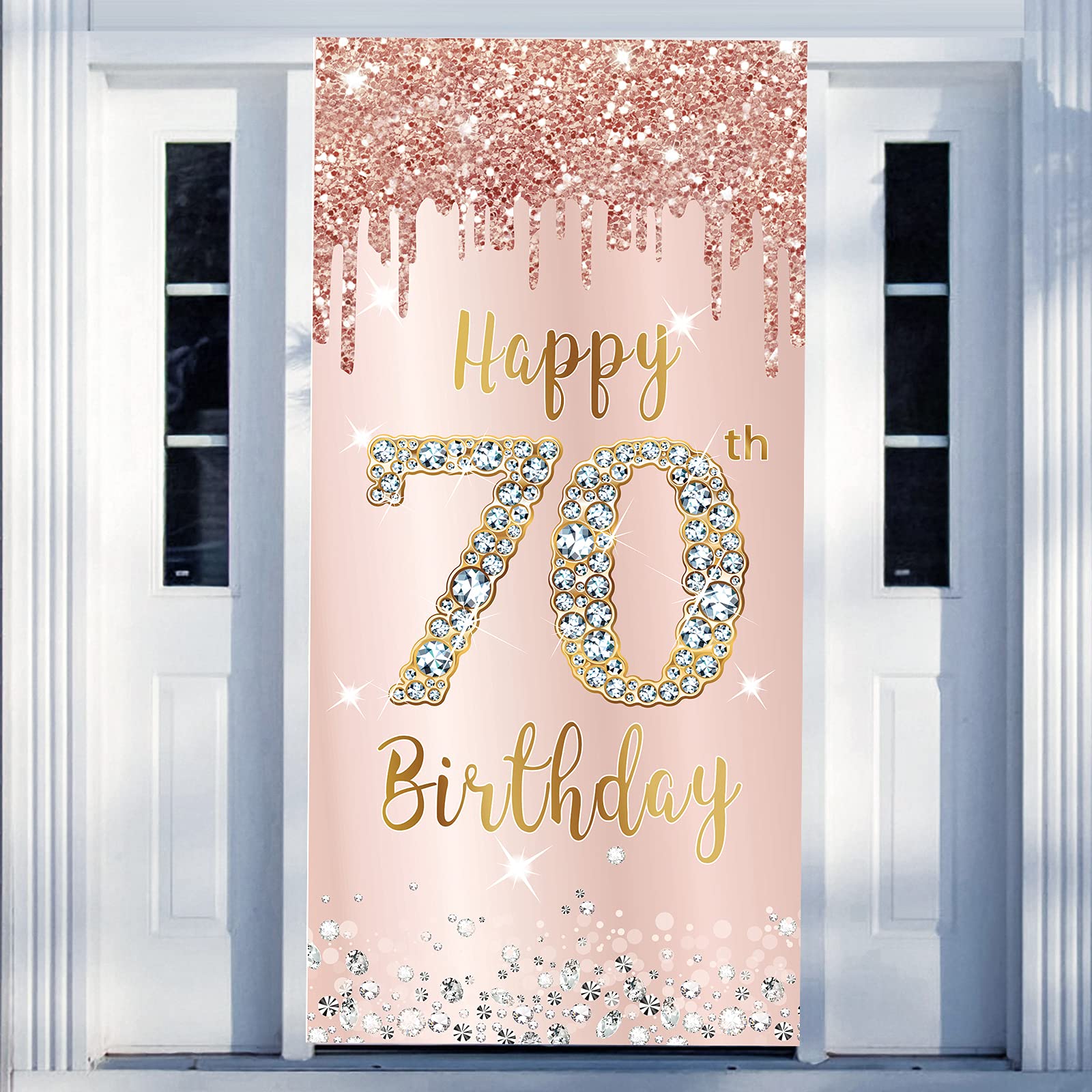 70Th Birthday Door Banner Decorations For Women, Pink Rose Gold Happy 70Th Birthday Door Cover Backdrop Party Supplies, Large Se