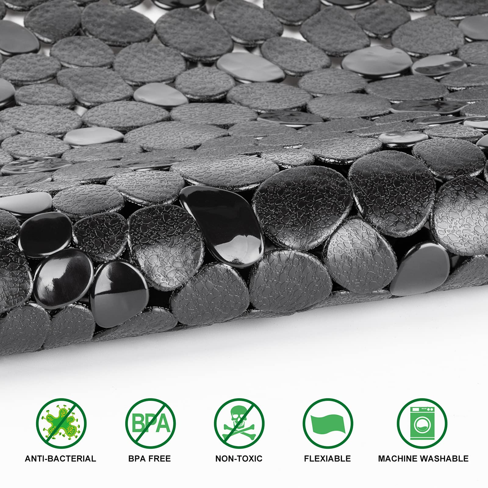 Weltrxe Pebbles Bath Mat For Tub Black Non-Slip Bathtub Mat With Suction Cups, Drain Holes For Bathroom Showers, Tub, Machine Wa