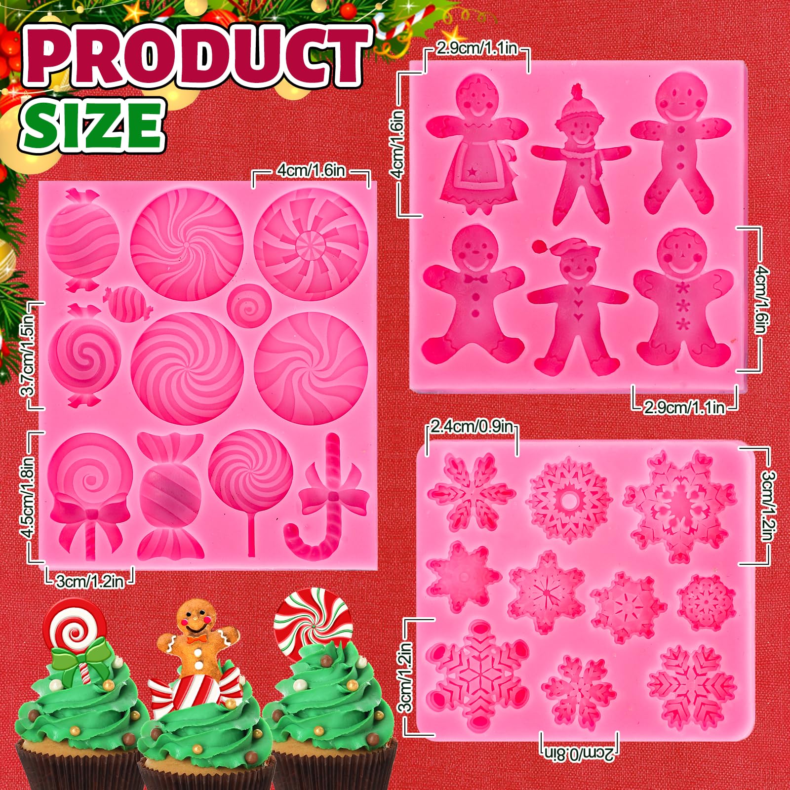 Whaline 3Pcs Christmas Candy Fondant Mold Pink Gingerbread Man Snowflake Silicone Mold Assorted Chocolate Candy Mould For Xmas W