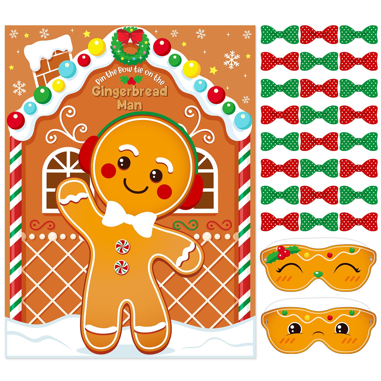 Faccito Christmas Party Games Pin The Bow Tie on The Gingerbread Man Christmas Party Pin Game Xmas Poster Games with 24 Stickers