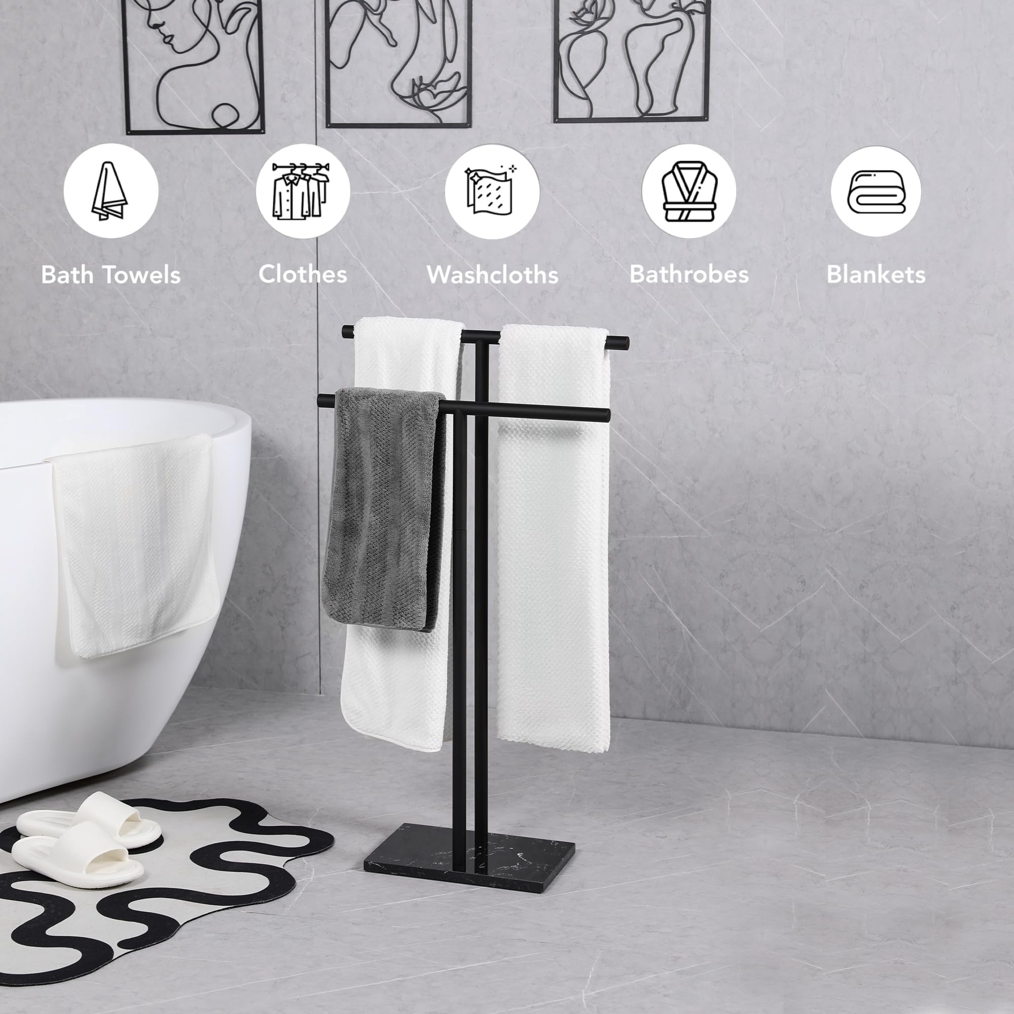 Wisato - Free Standing Towel Rack For Bathroom - Matte Black Finish - Stand Alone 2 Tier Stainless Steel Towel Rack For Bathroom