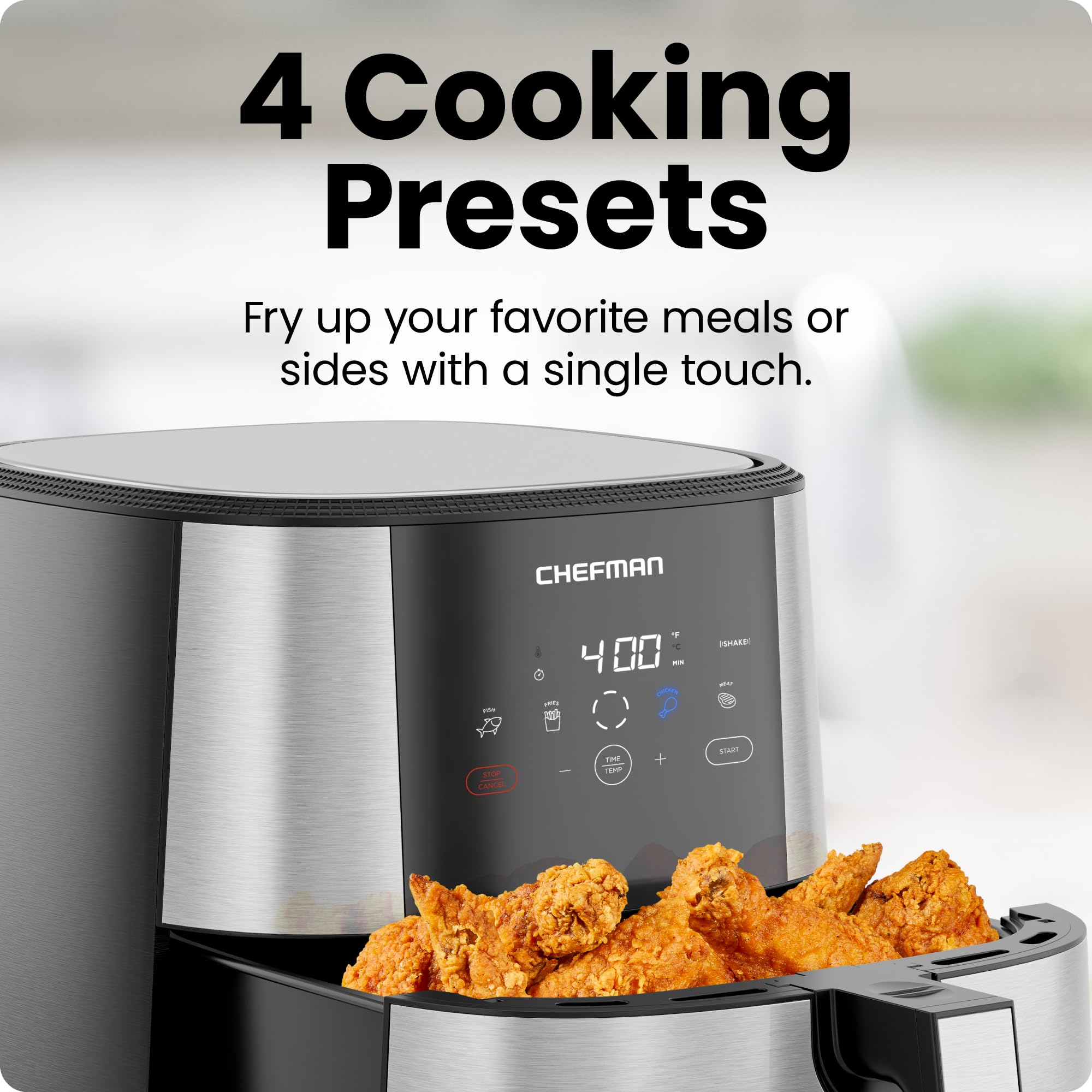 Chefman TurboFry Touch Air Fryer  XL 8-Qt Family Size  One-Touch Digital Control Presets  French Fries  Chicken  Meat  Fish  Nonstick Dishwasher-Safe Parts  Automatic Shutoff  Stainless Steel