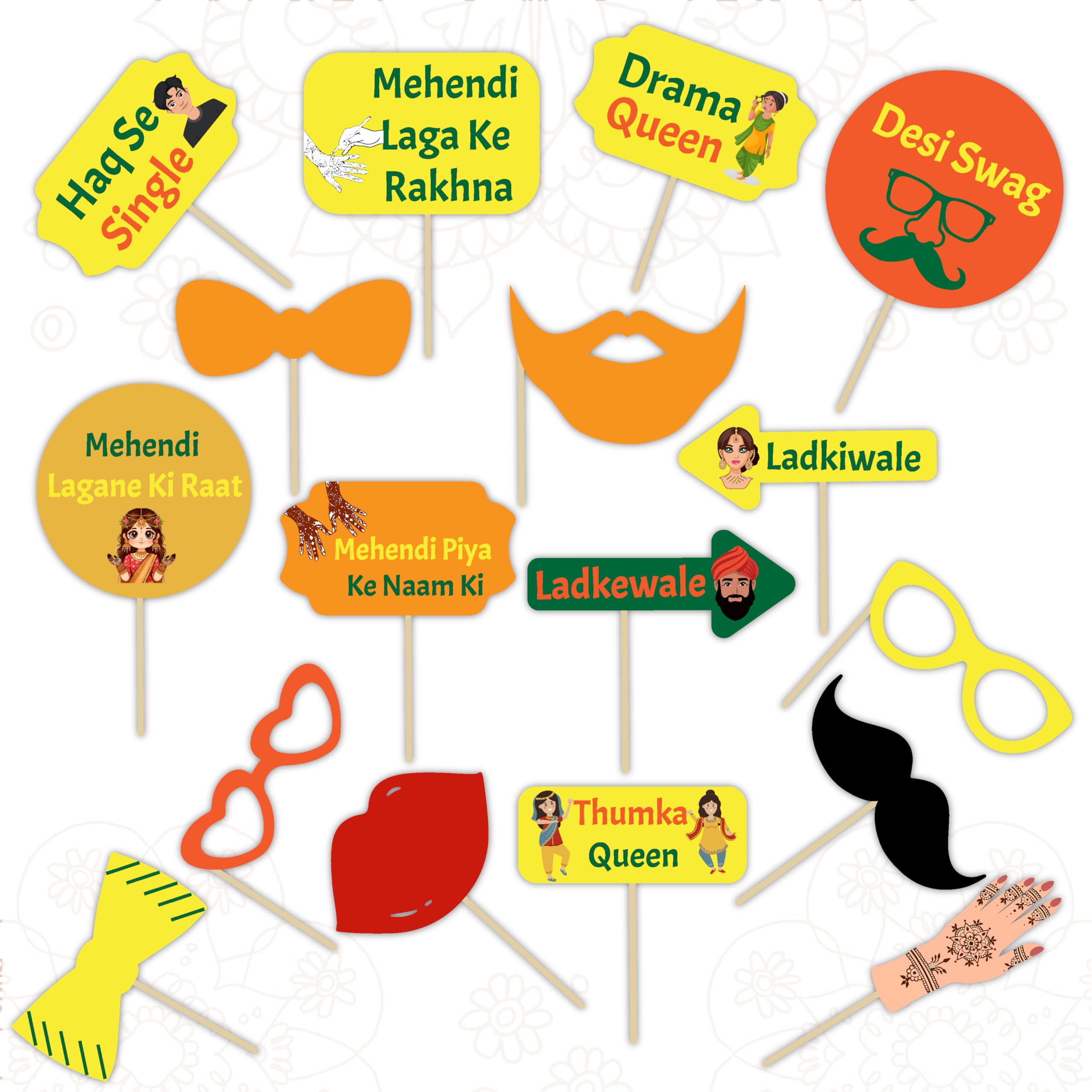 woopme Mehandi Props for Bride Groom Family Photoshoot | 17 PCs Party Props for Wedding Decoration Marriage Props for Photo (Meh