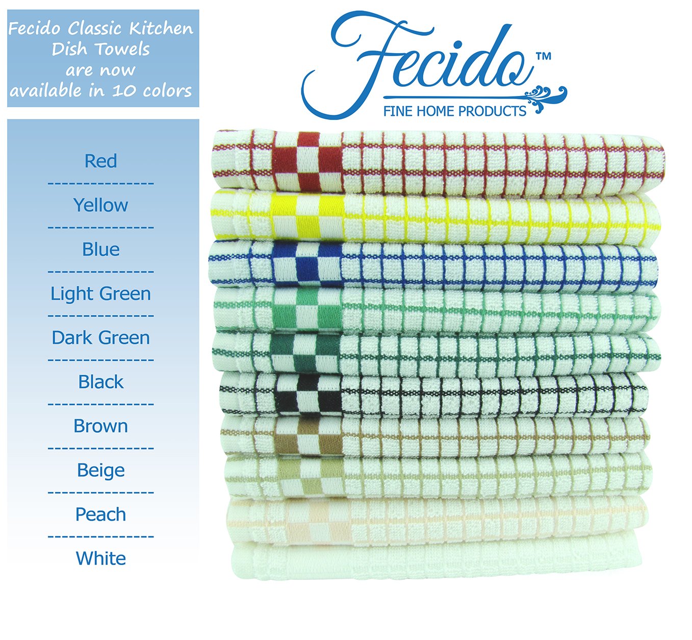 Fecido Classic Kitchen Dish Towels With Hanging Loop - Heavy Duty Absorbent Dish Clothes - European Made 100% Cotton Tea Towels