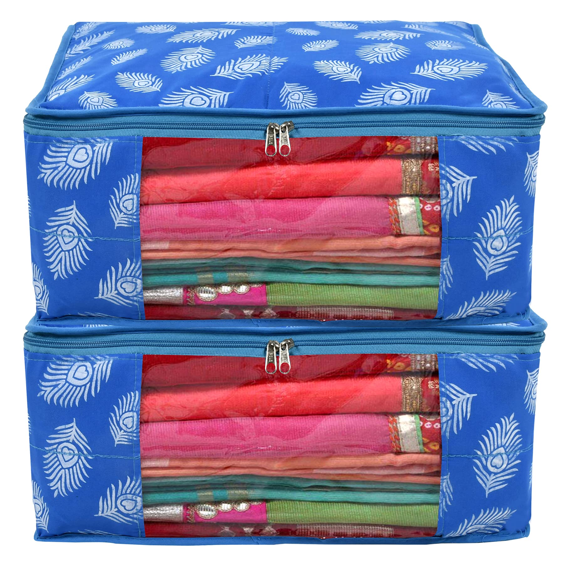 Kuber Industries Leaf Printed Saree Cover/Clothes Organiser For Wardrobe With Transparent Window, Pack Of 2 (Blue) (Hs39Kubmart0