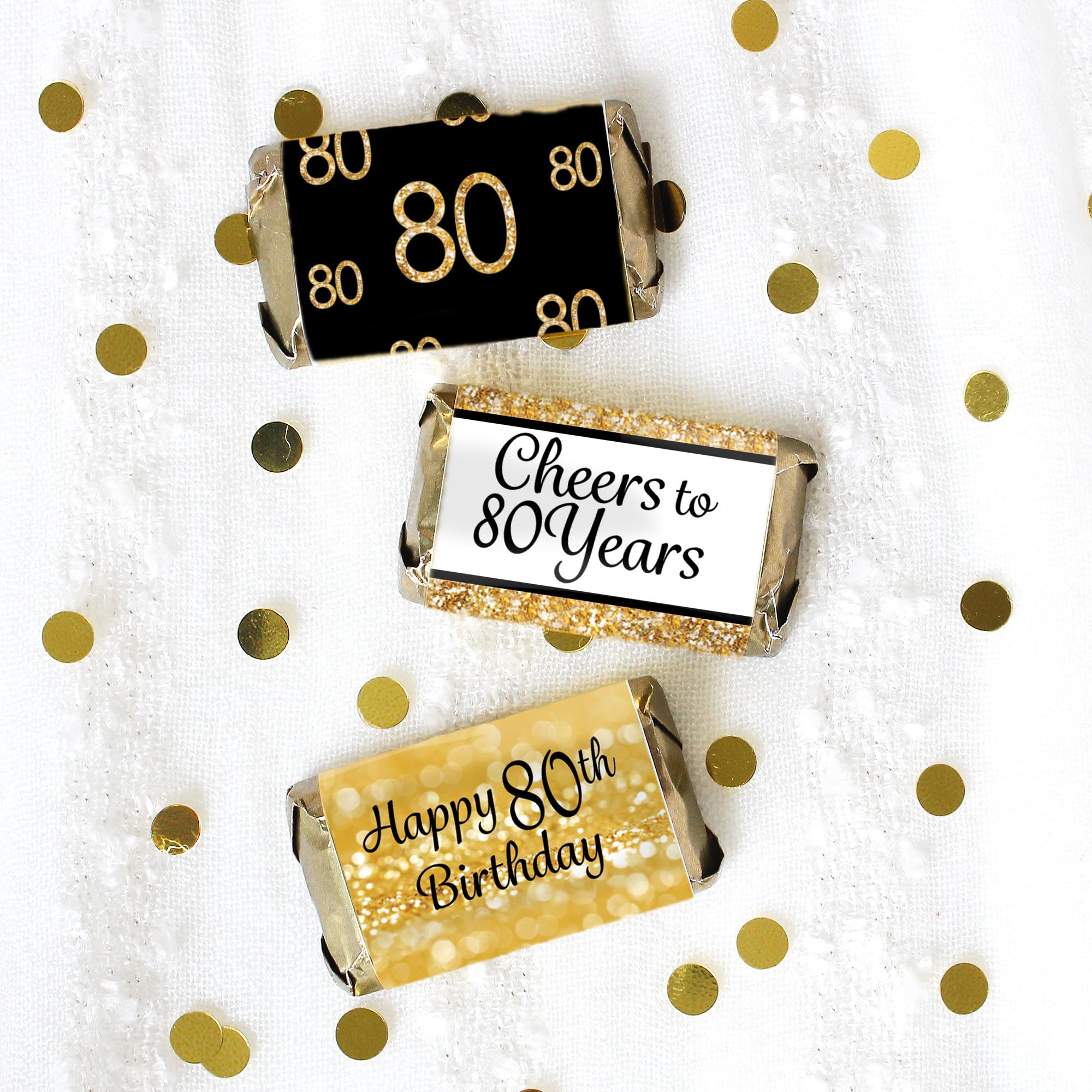 80Th Birthday Party Mini Candy Bar Wrappers - Black And Gold - 45 Stickers
