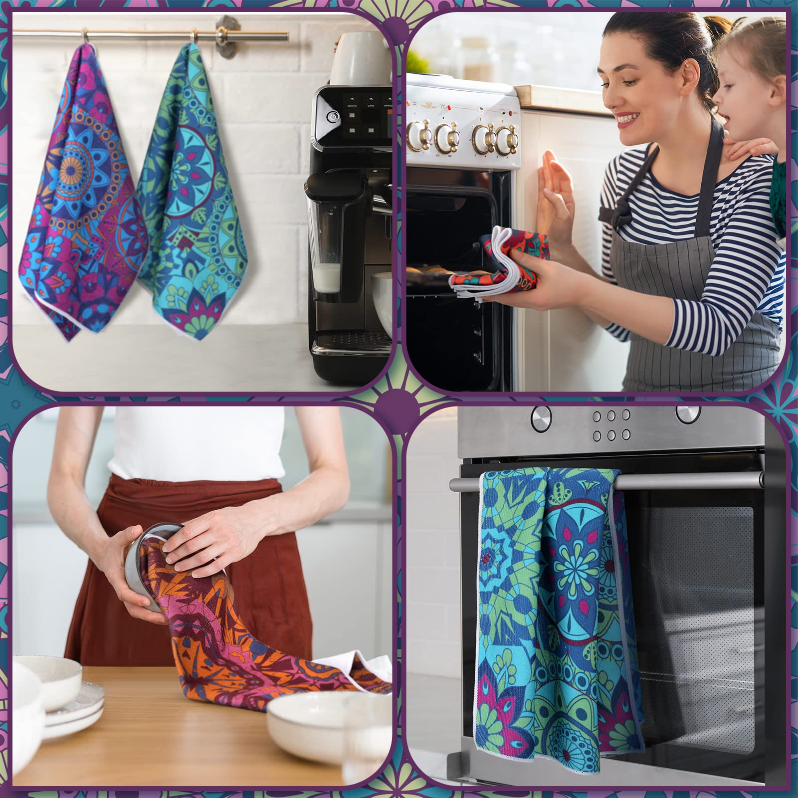 Boyiee Set of 6 Mandala Kitchen Towels Absorbent Boho Dish Towels 24 x 16 Inches Multicolor Hand Dishcloths Mandala Lover Gifts