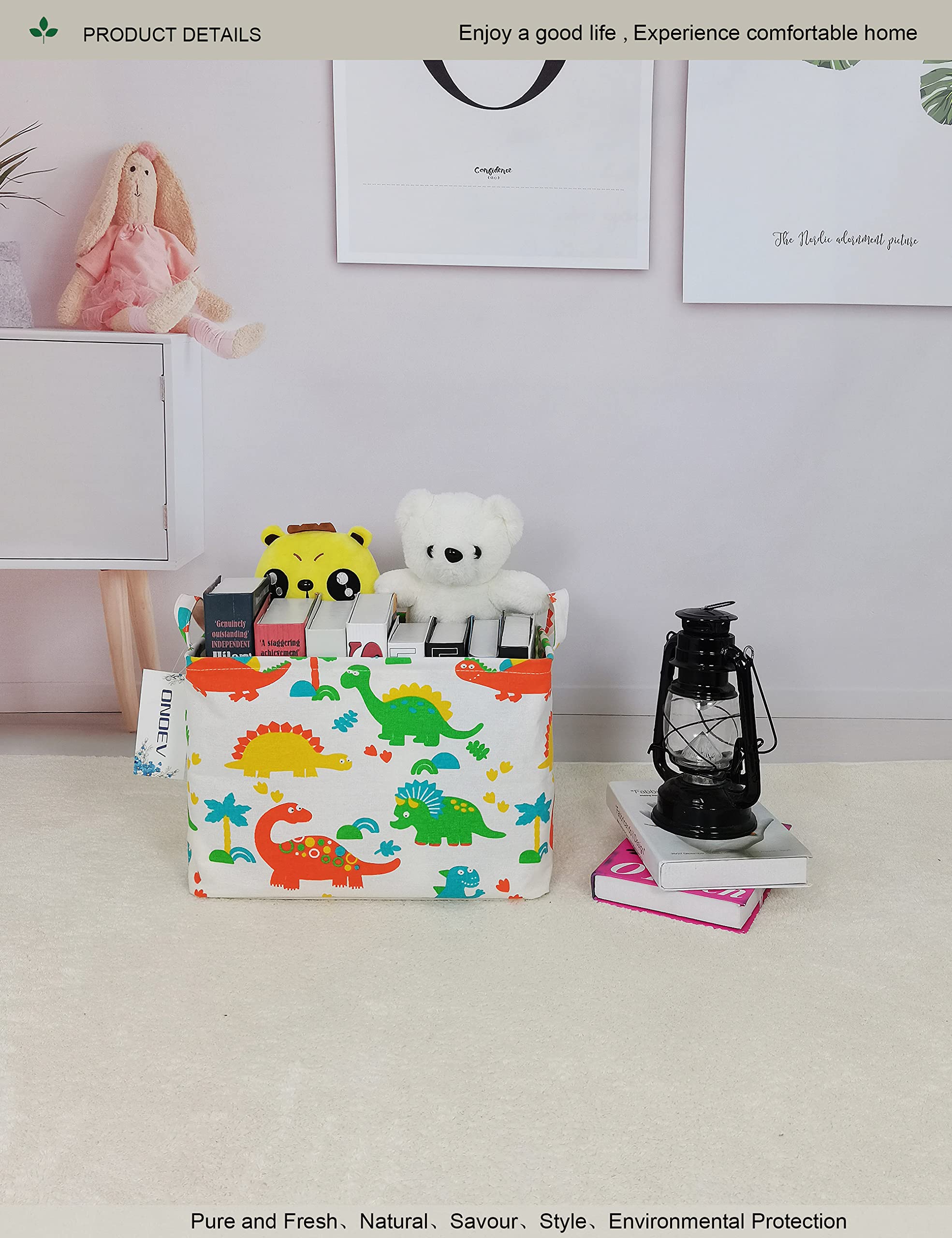 ONOEV Rectangular Folding Laundry Basket  Canvas Basket Nersury Hamper Suitable for Children Office Bedroom Clothes Toys Storage(Dinosaur Paradise) (1)