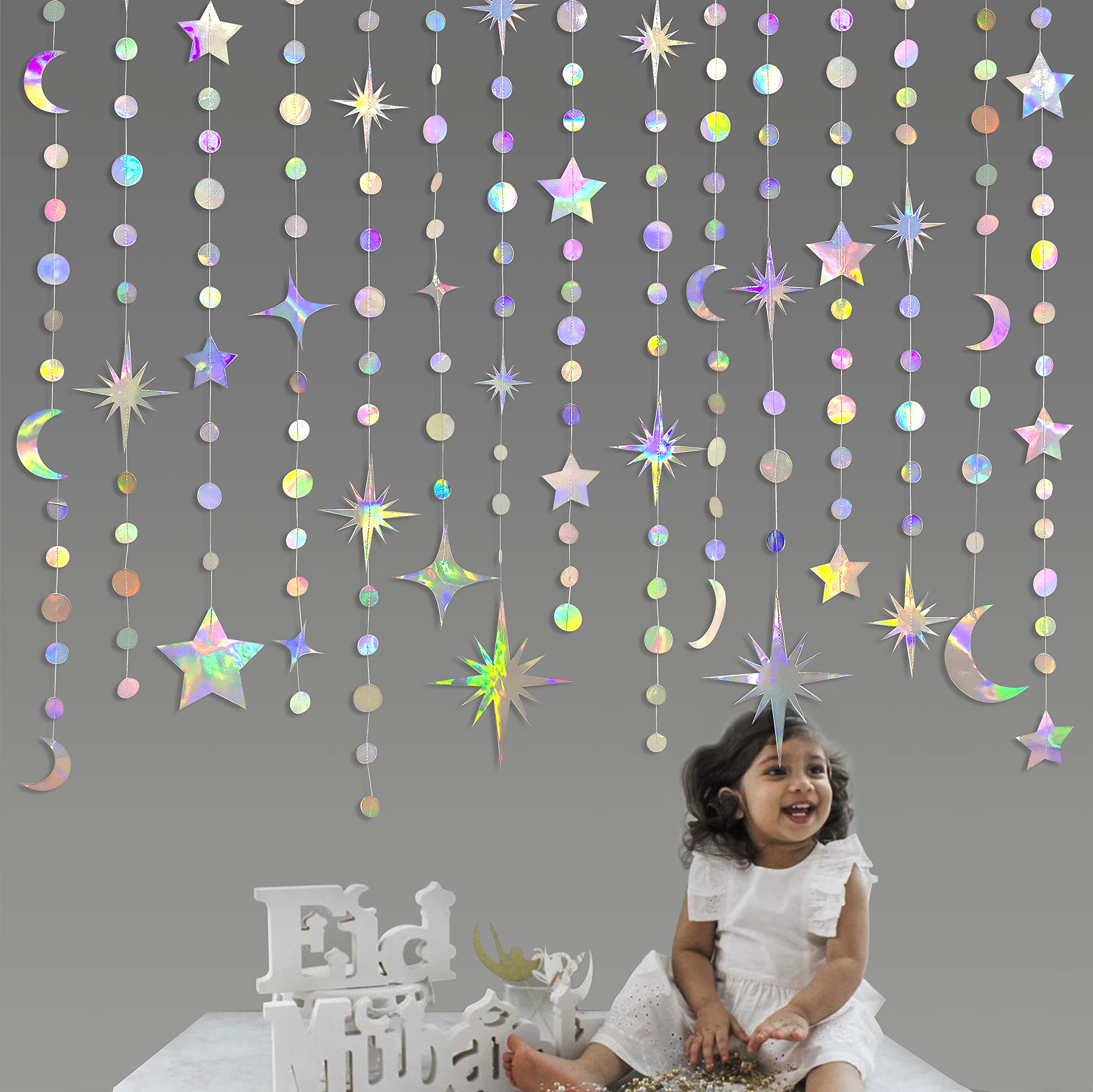 Iridescent Star Moon Circle Dot Garland Party Decoration Kit Hanging Crescent And Twinkle Little Star Streamer Bunting Banner Fo