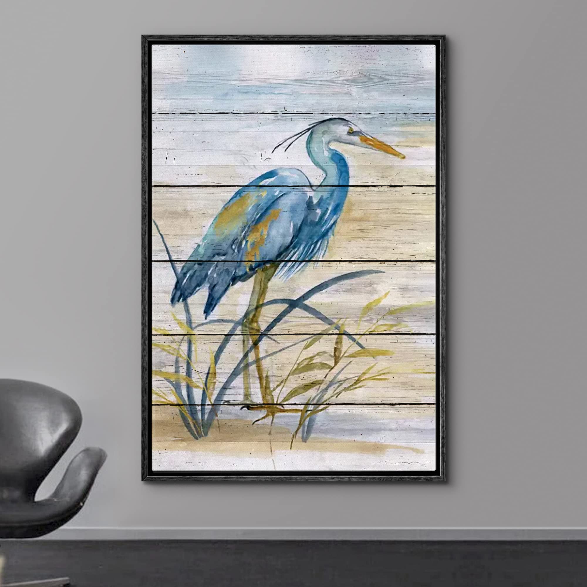 Wall26 Framed Canvas Print Wall Art Retro Wood Panel Blue Beach Crane Bird Nature Wilderness Illustrations Modern Art Decorative