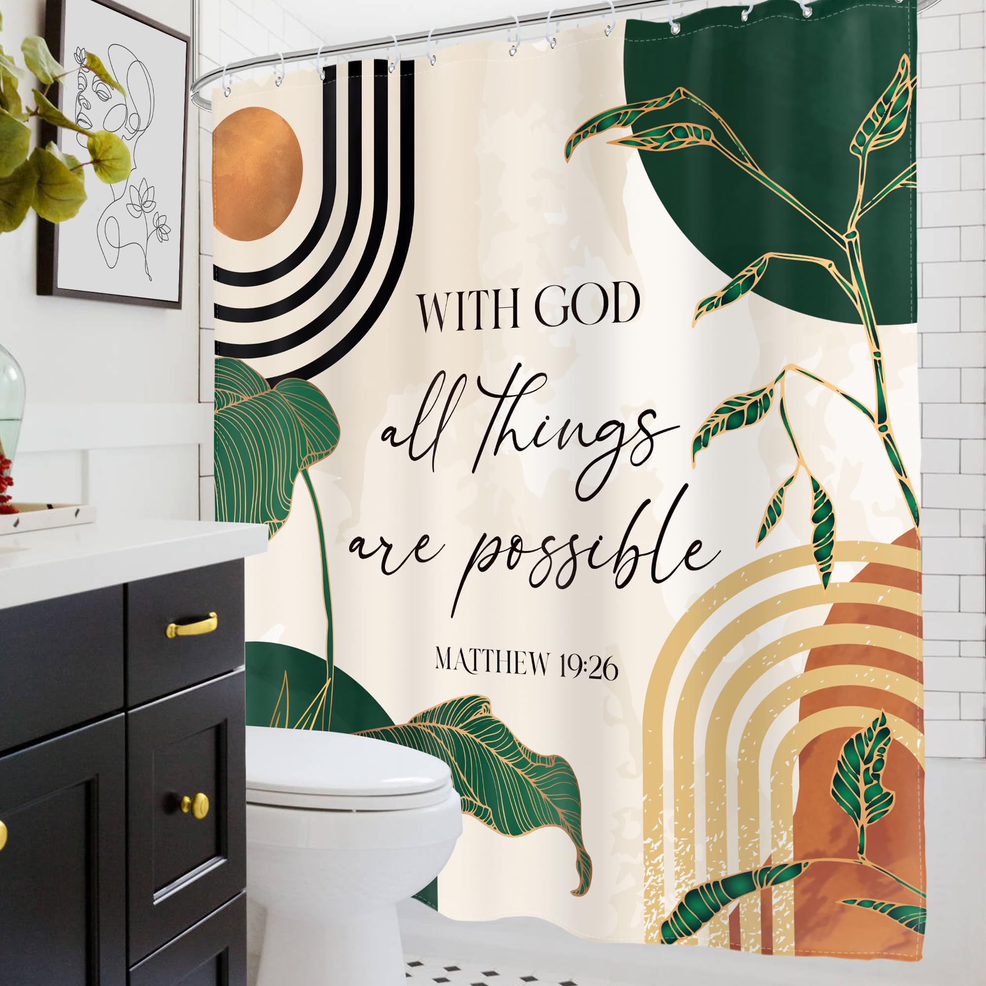 Glawry Green Boho Bible Verse Shower Curtain Christian Scripture Inspirational Quotes Abstract Tropical Palm Bathroom Mid Centur