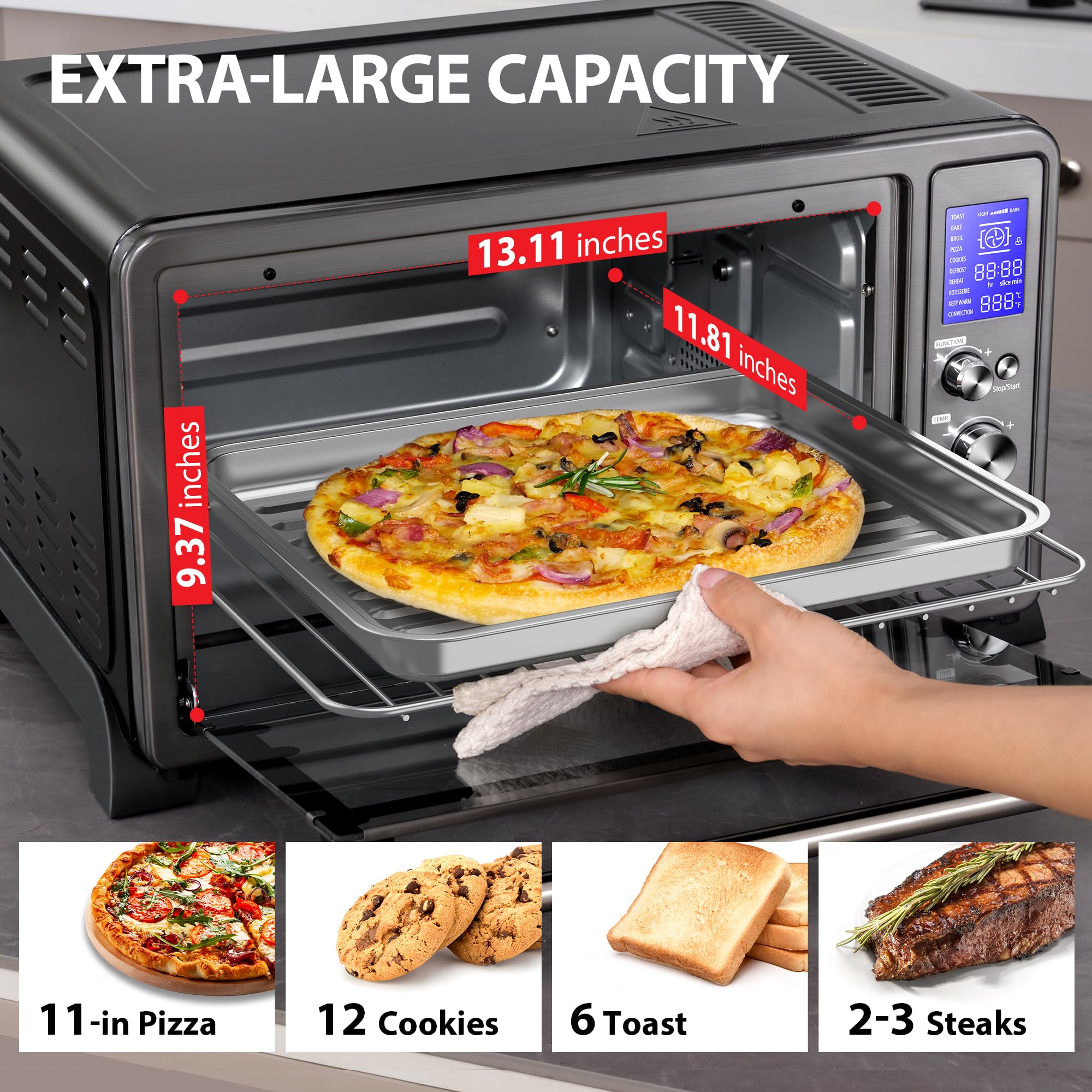 TOSHIBA AC25CEW-BS Large 6-Slice Convection Toaster Oven Countertop  10-In-One with Toast  Pizza and Rotisserie  1500W  Black Stainless Steel  Includes 6 Accessories