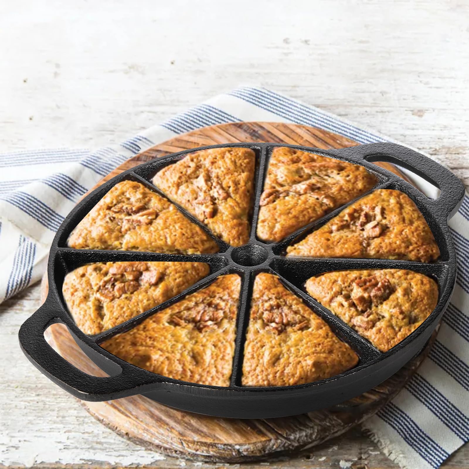 Wuweot Cast Iron Wedge Pan, Non Stick Round Corn Bread Skillet, Black 8-Edges Biscuit Pan With Double Handles For Scones, Corn S