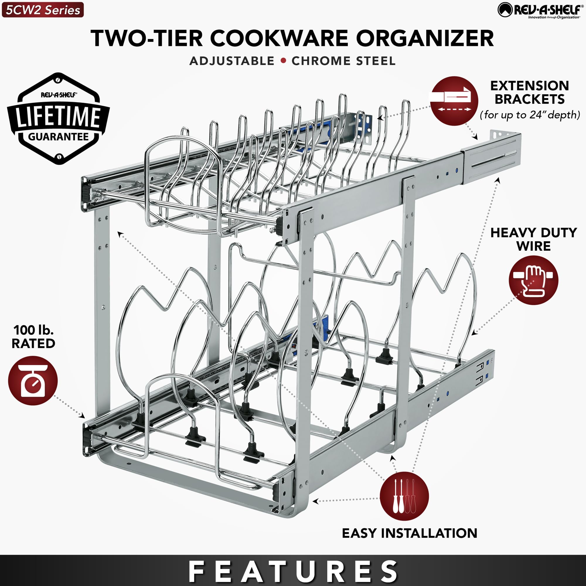 Rev-A-Shelf 2-Tier Kitchen Cabinet Pullout 11.75 Cabinet Organizer For Pots, Pans, And Lid Cookware, Adjustable Heavy Duty Wir