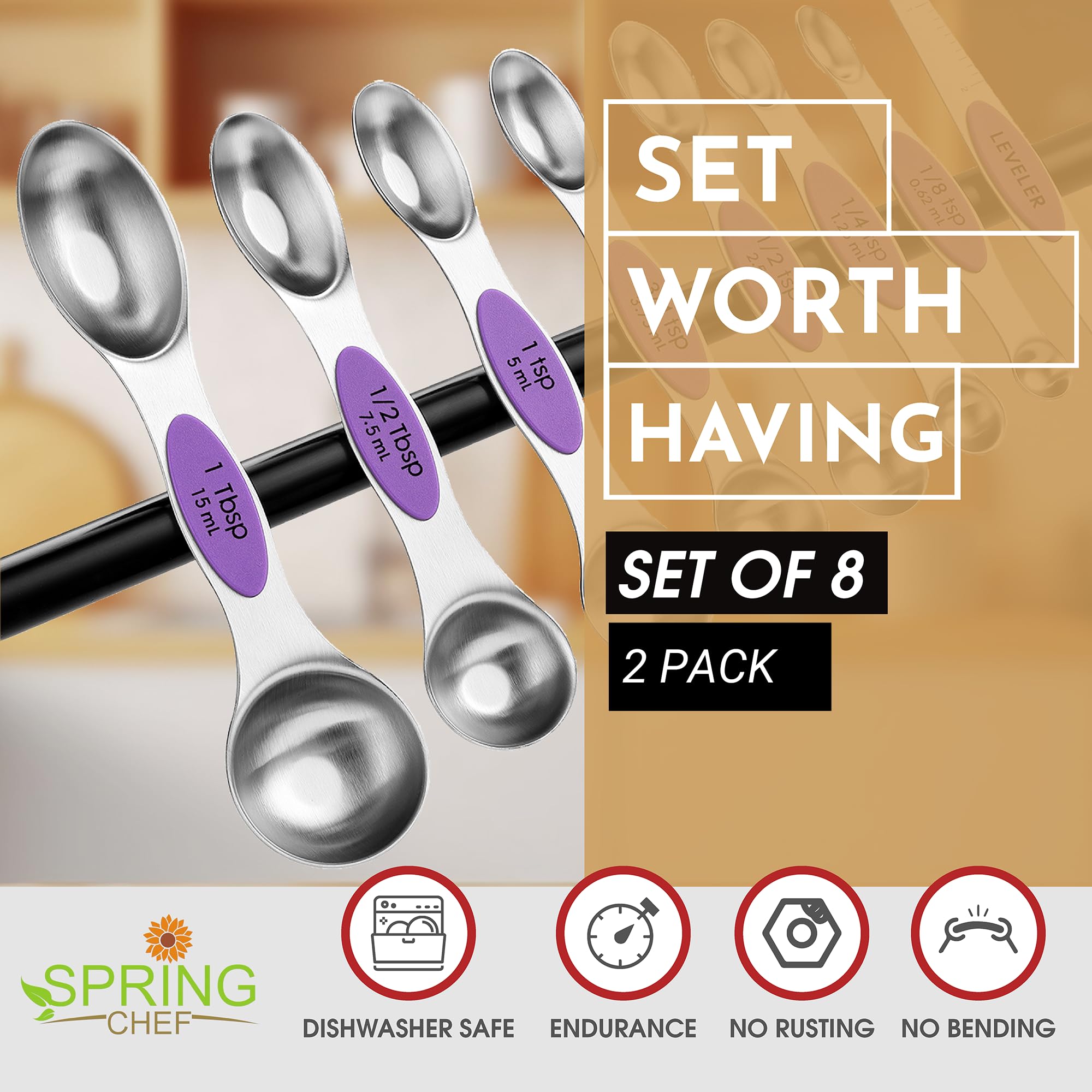 Spring Chef Magnetic Measuring Spoons Set, Dual Sided, Stainless Steel, Fits In Spice Jars, Orchid, Set Of 8, 2 Pack